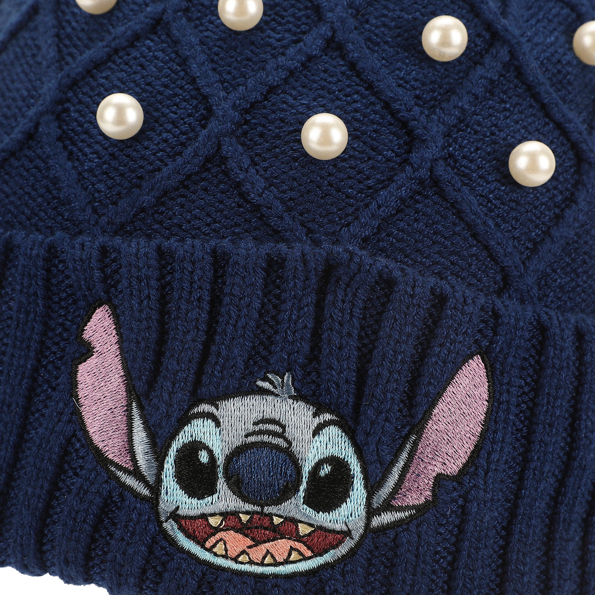 Disney Stitch Character Face & Pearl Appliques Blue Cuff Beanie