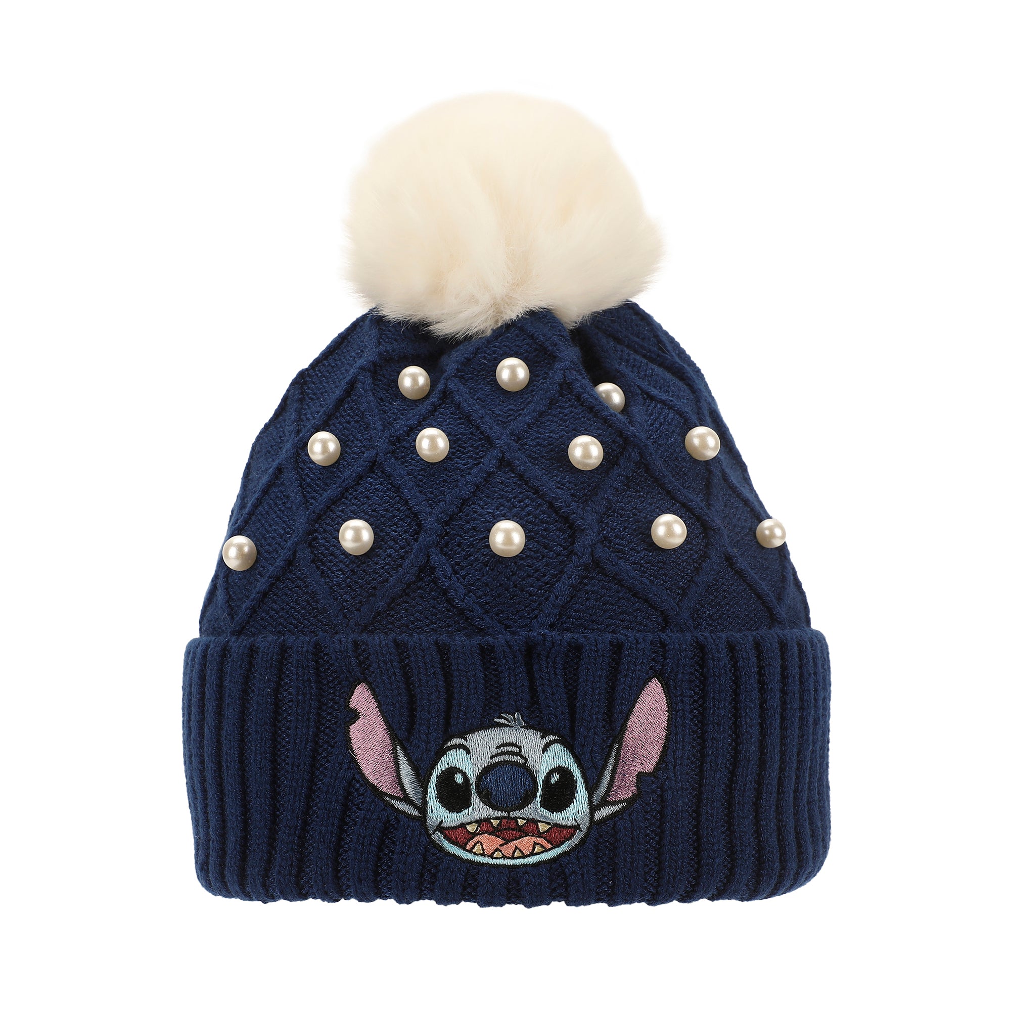 Disney Stitch Character Face & Pearl Appliques Blue Cuff Beanie
