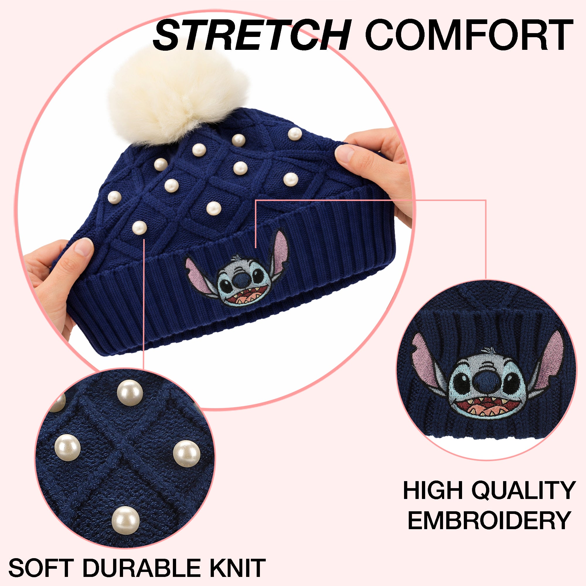 Disney Stitch Character Face & Pearl Appliques Blue Cuff Beanie