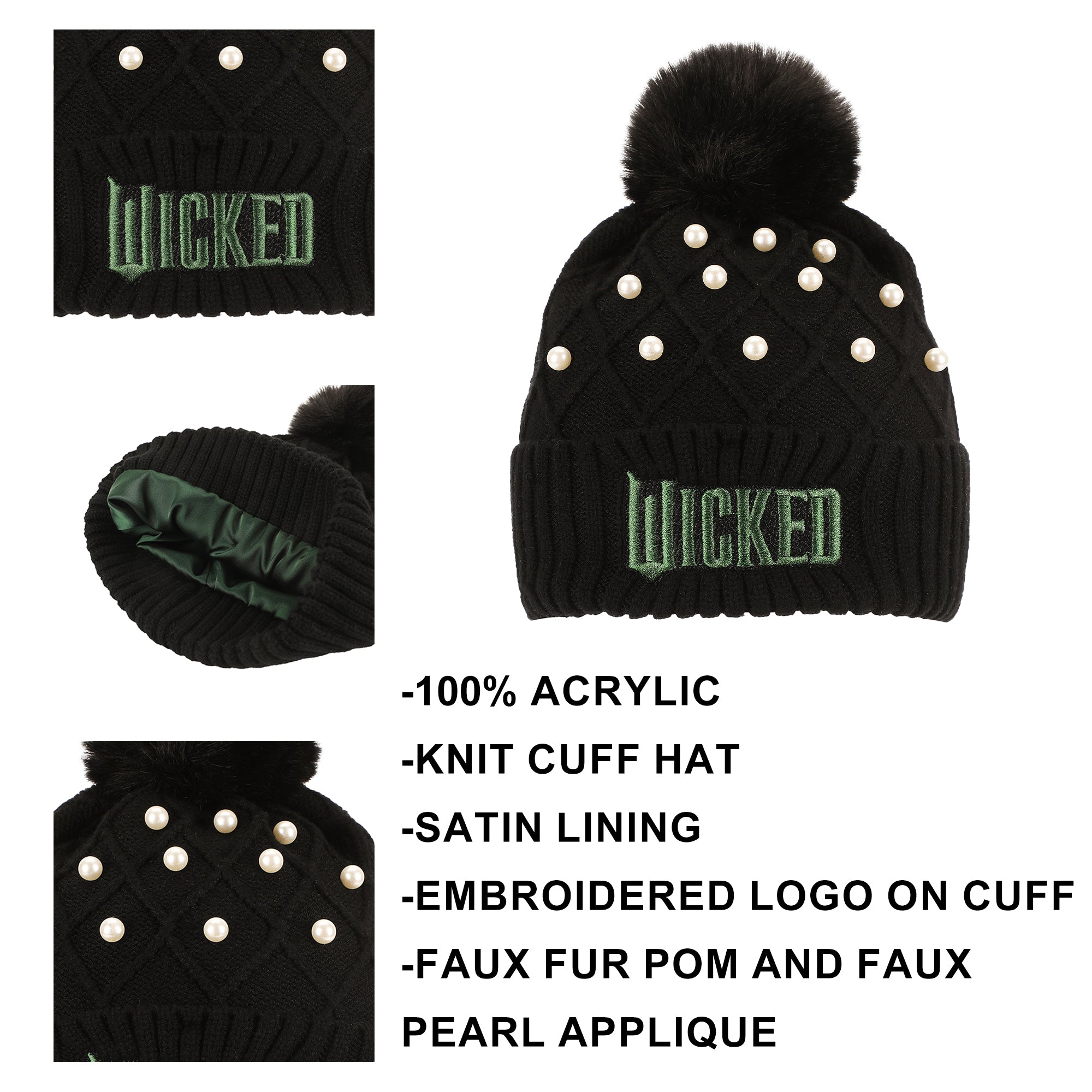 Wicked Logo & Pearl Appliques Black Cuff Beanie