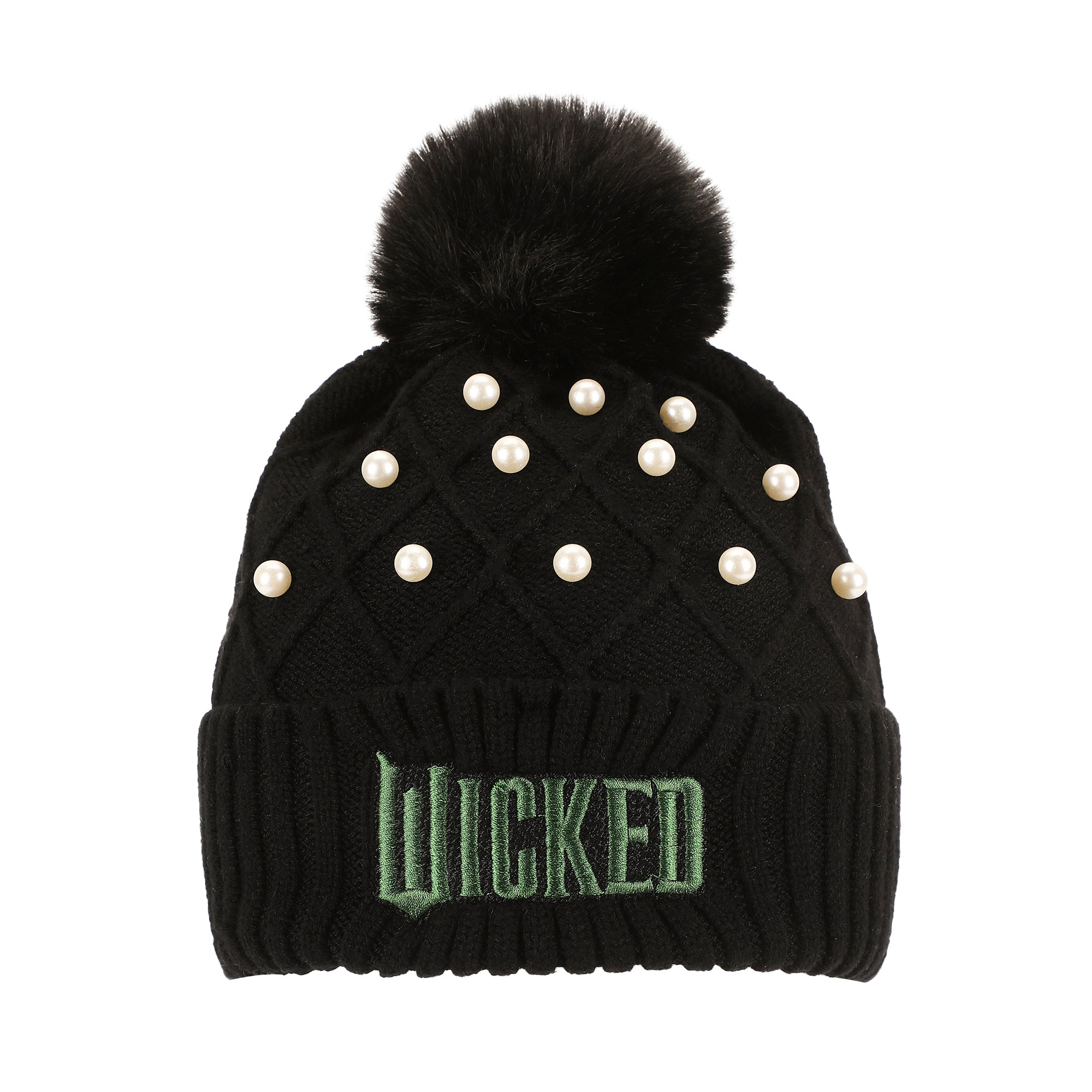 Wicked Logo & Pearl Appliques Black Cuff Beanie