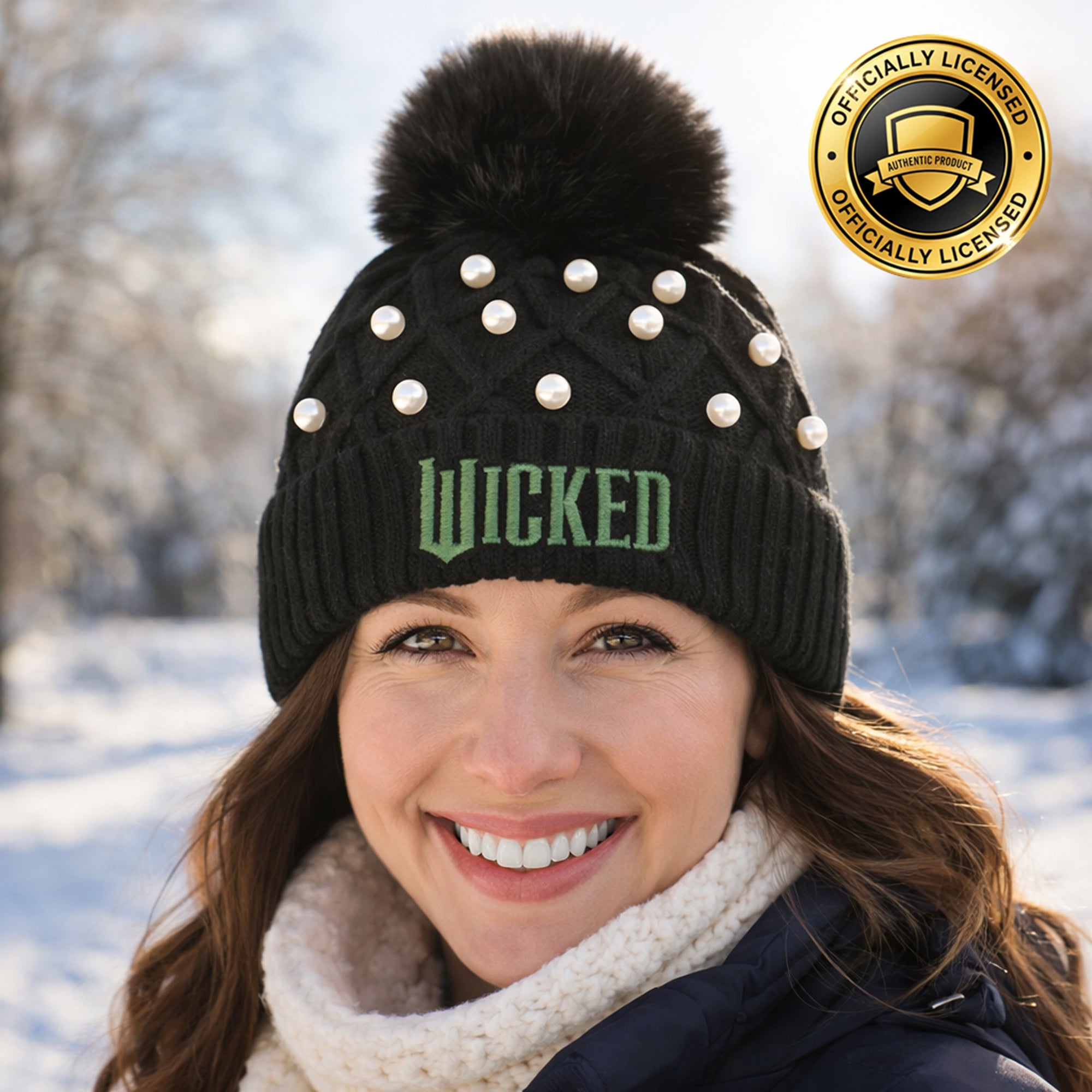 Wicked Logo & Pearl Appliques Black Cuff Beanie