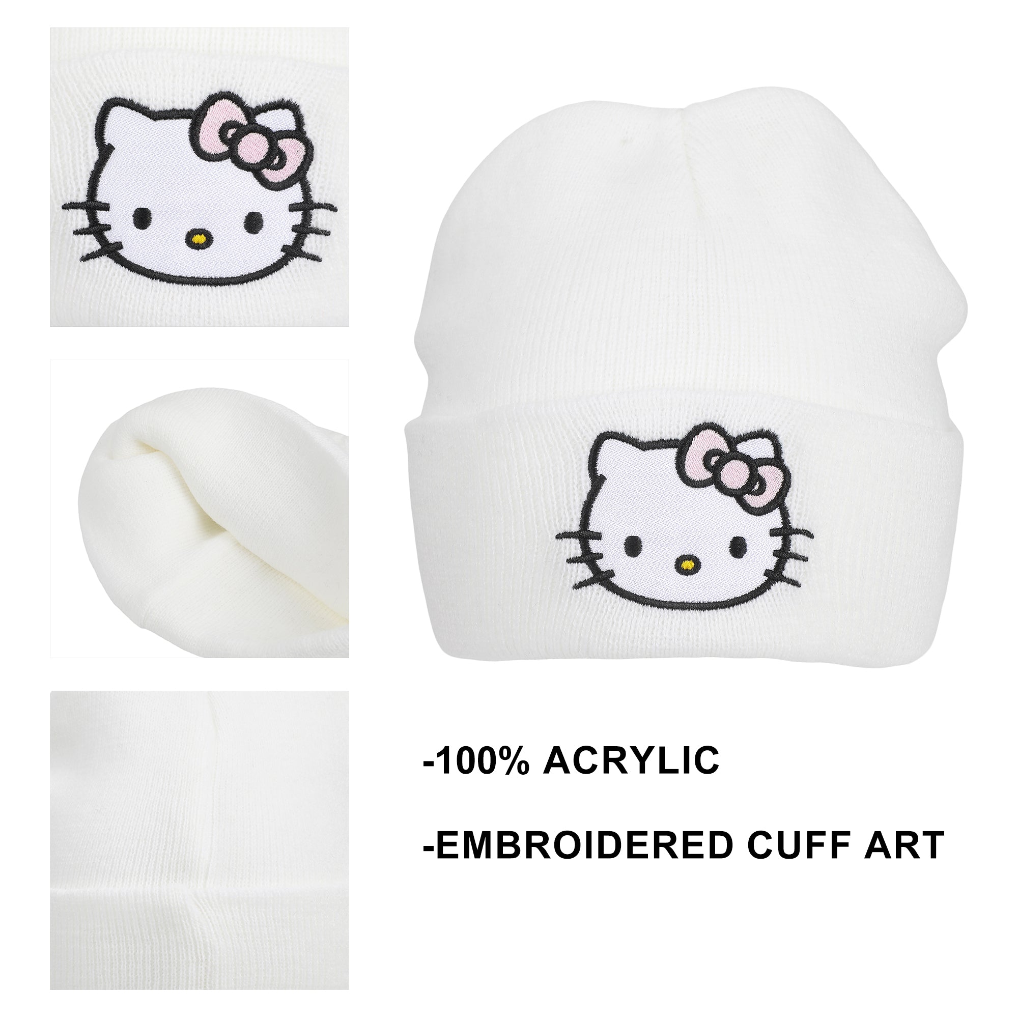 Hello Kitty Embroidered Character On White Cuff Beanie