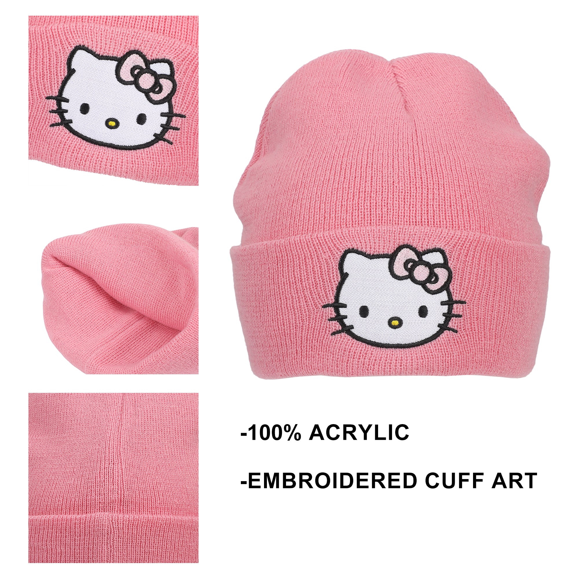 Hello Kitty Embroidered Character On Pink Cuff Beanie