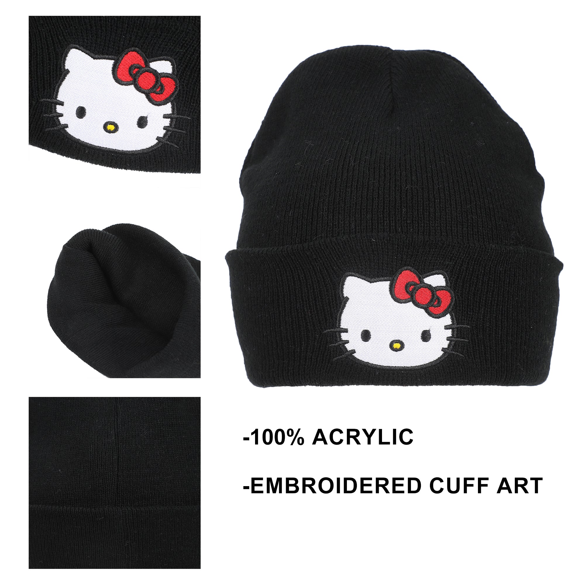 Hello Kitty Embroidered Character On Black Cuff Beanie