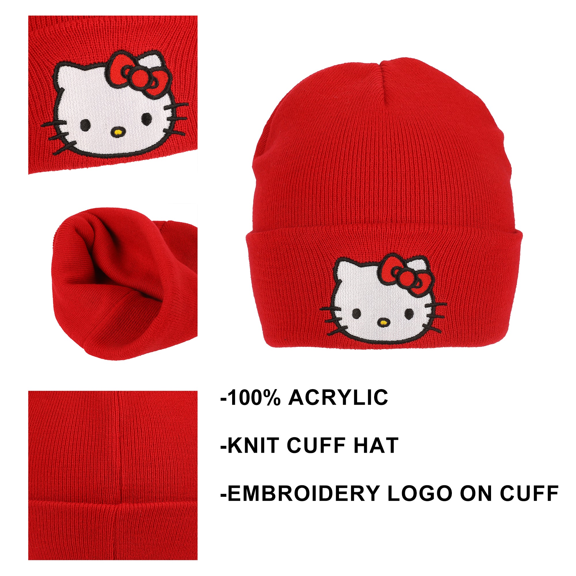 Hello Kitty Embroidered Character Face Red Cuff Beanie