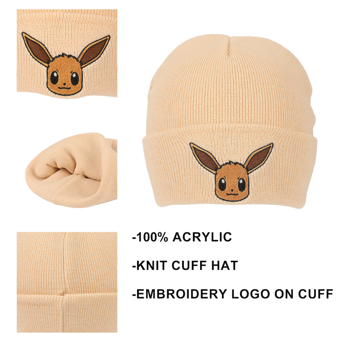 Pokemon Rib Knit, Embroidered Eevee On Tan Cuff Beanie