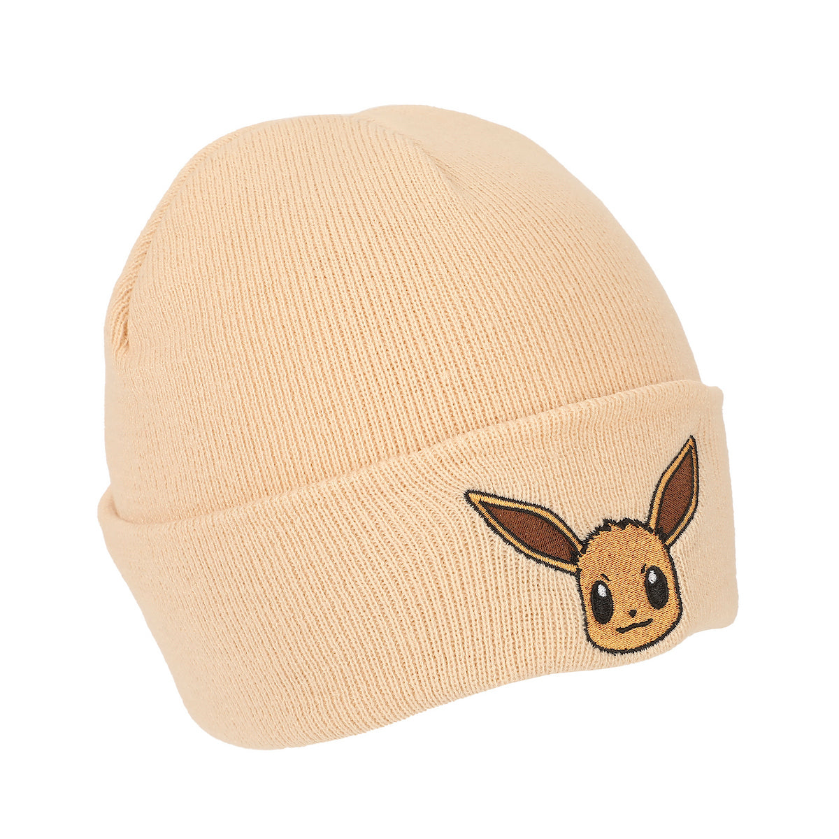 Pokemon Rib Knit, Embroidered Eevee On Tan Cuff Beanie
