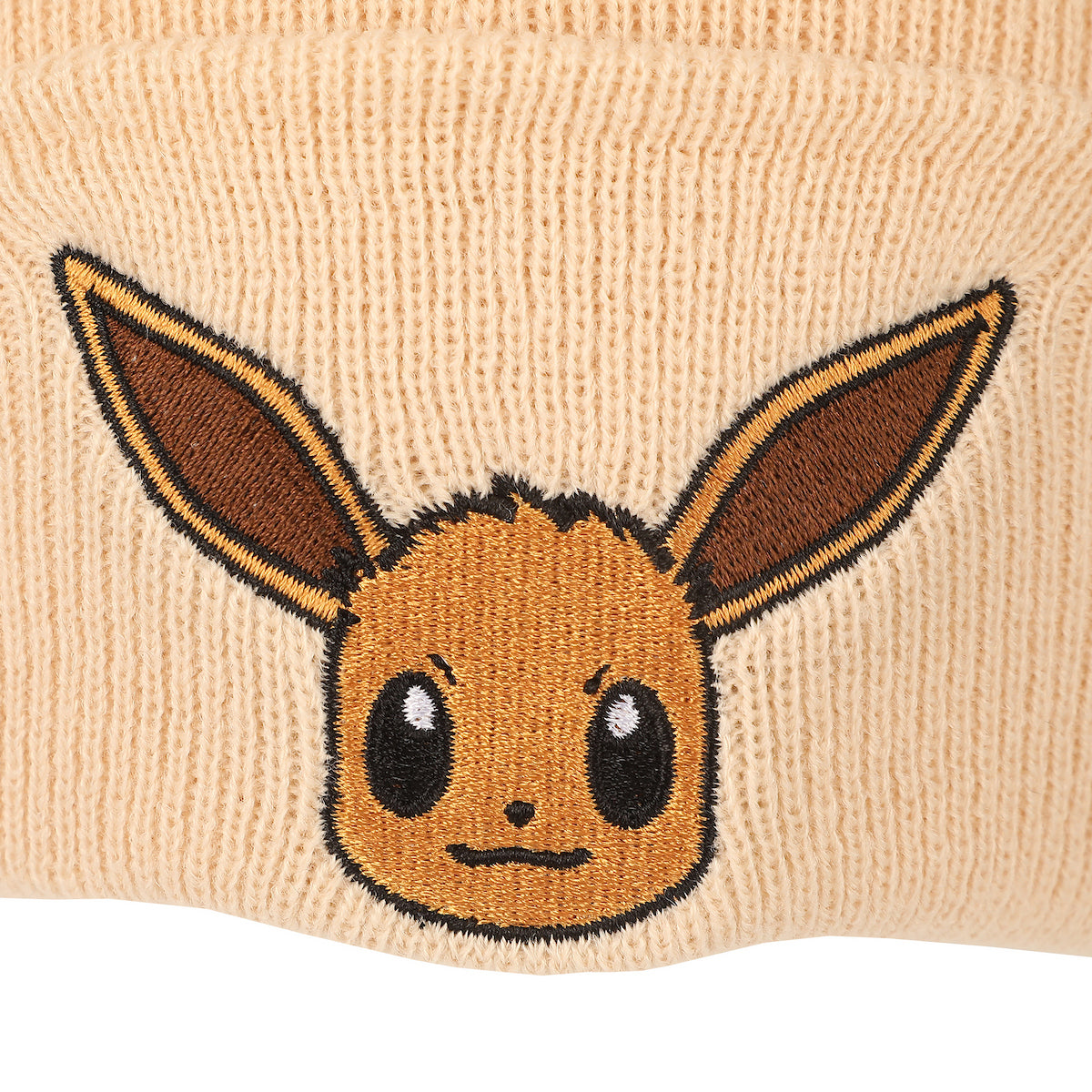 Pokemon Rib Knit, Embroidered Eevee On Tan Cuff Beanie