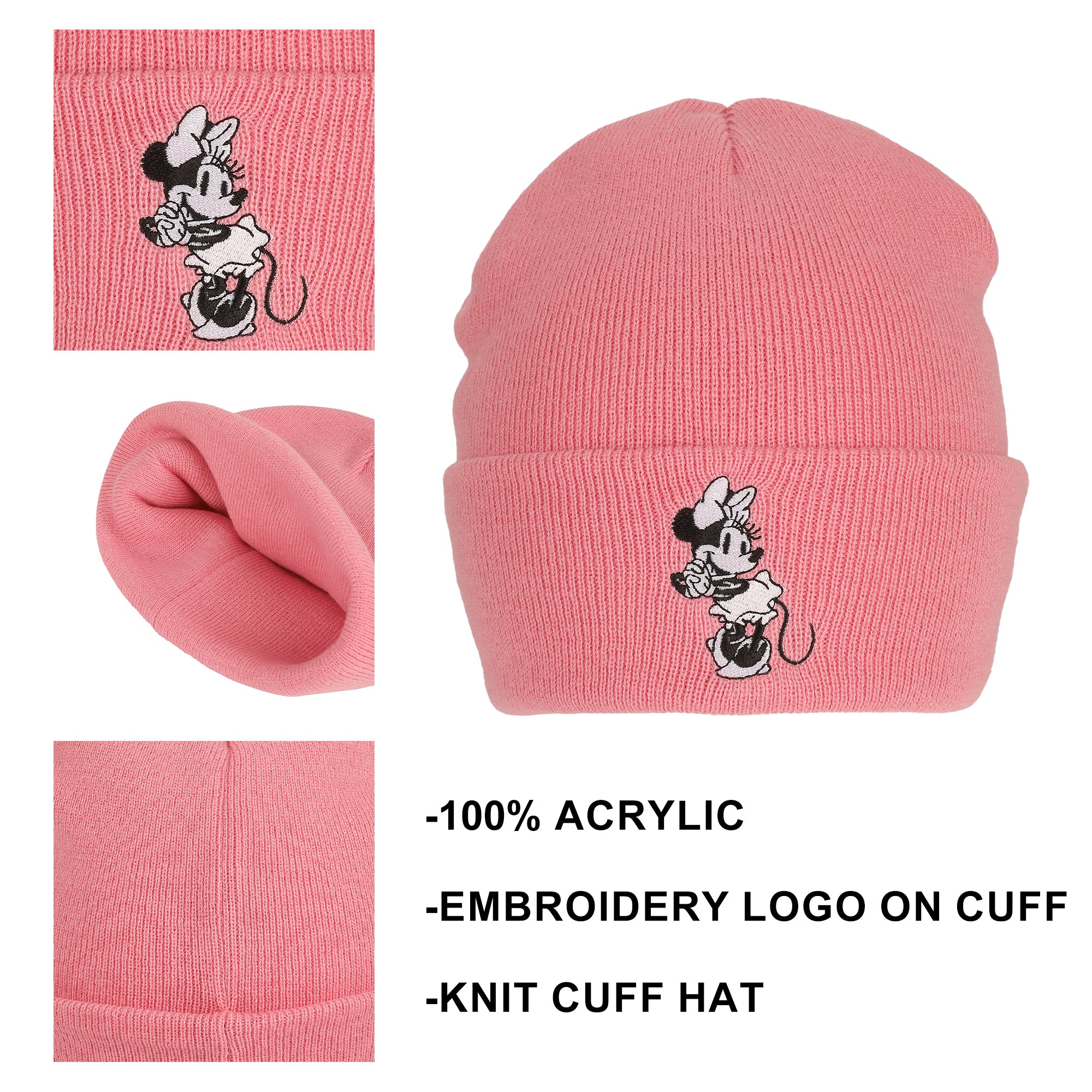 Minnie Mouse Embroidred Black & White Character On Pink Cuff Beanie