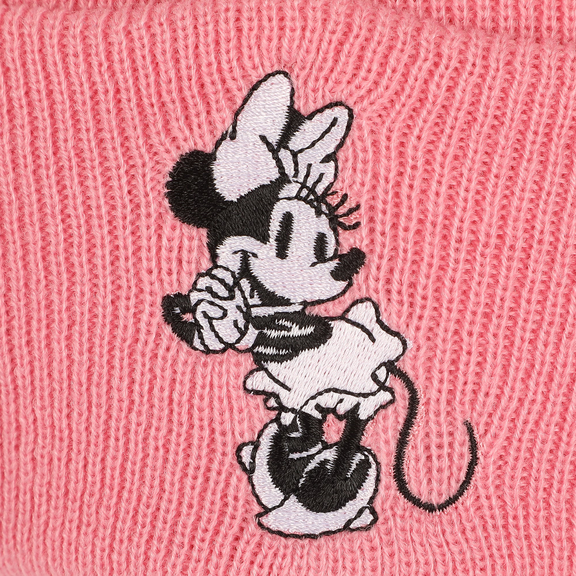 Minnie Mouse Embroidred Black & White Character On Pink Cuff Beanie