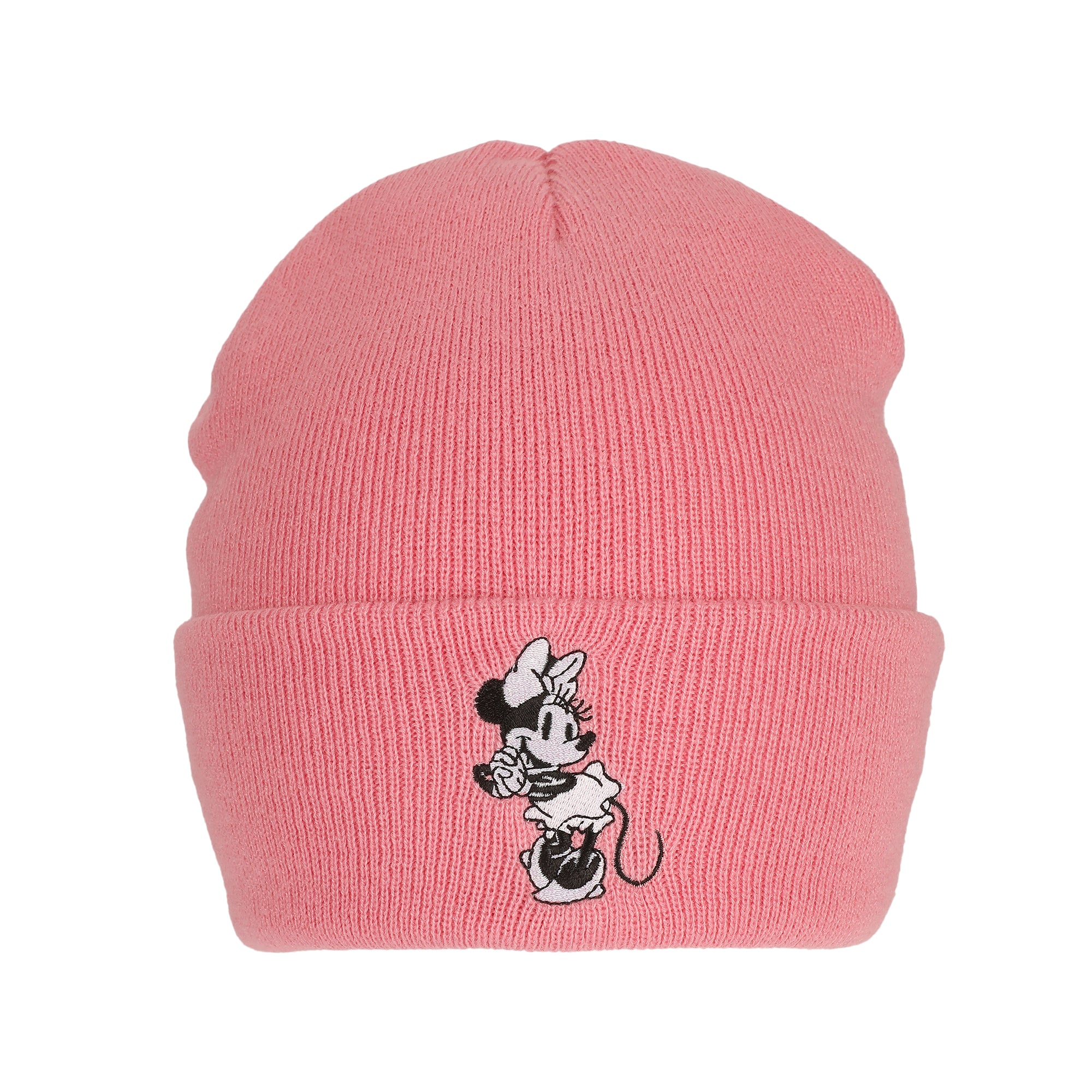 Minnie Mouse Embroidred Black & White Character On Pink Cuff Beanie