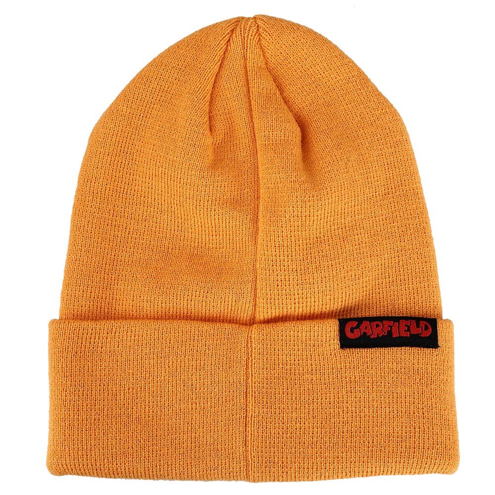Garfield Face Character Cuffed Flat Embroidery Logo on Orange Acrylic Knitted Woven Beanie