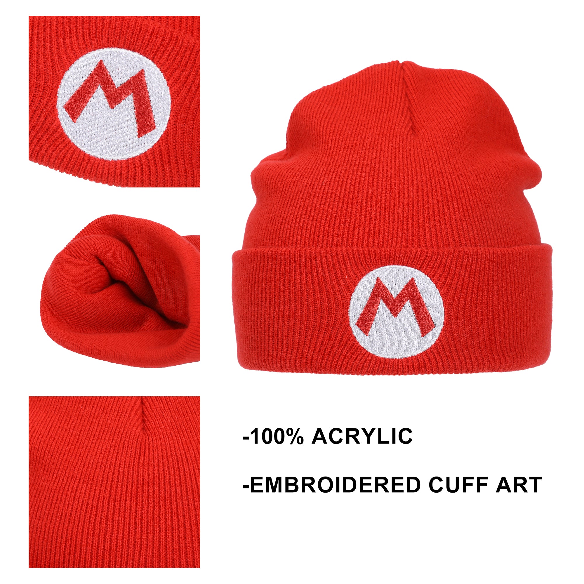 Super Mario Embroidered M Logo On Red Cuff Beanie