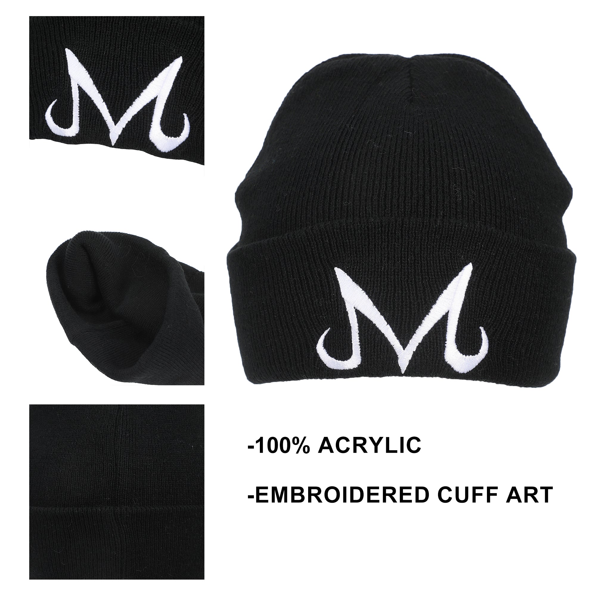 Dragon Ball Z Majin Symbol Embroidery On Black Ribbed Acrylic Knit Cuff Beanie