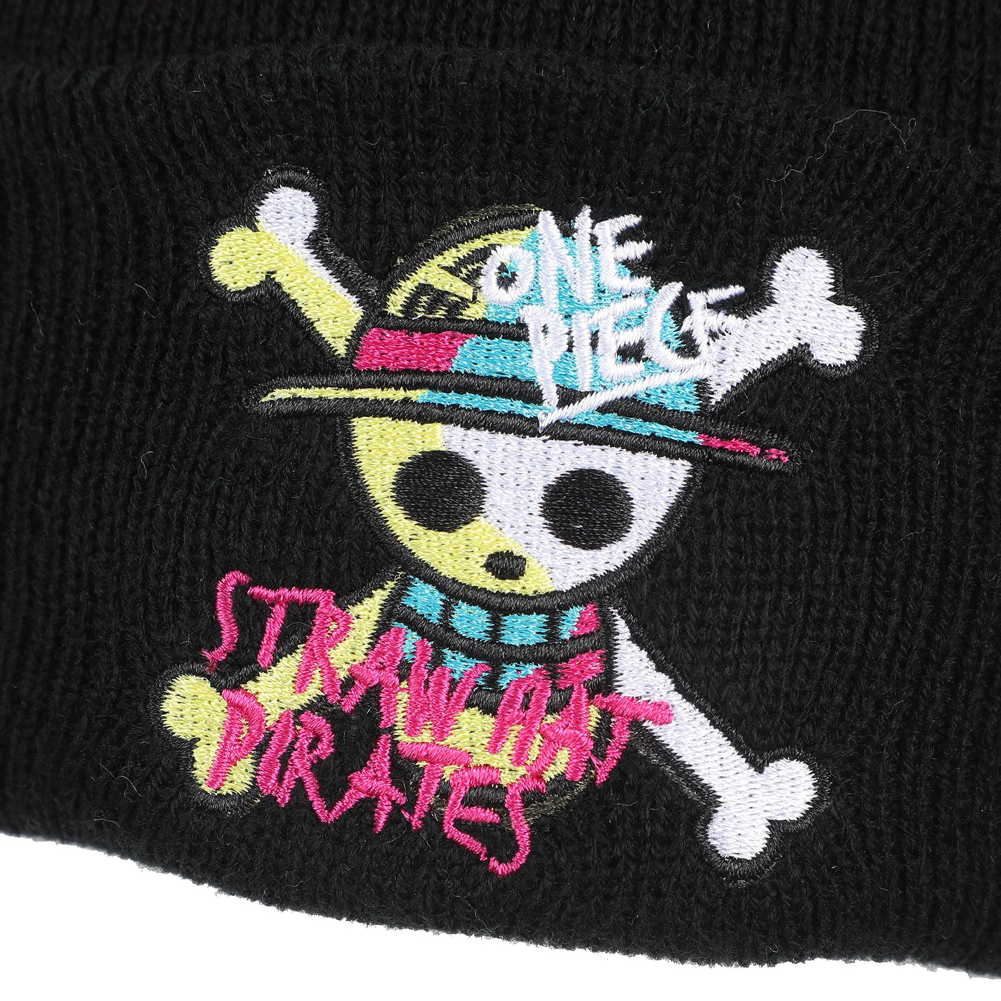 One Piece (Animated) Jolly Roger Pirate Cuff Embroidery On Ribbed Black Acrylic Knit Cuff Beanie