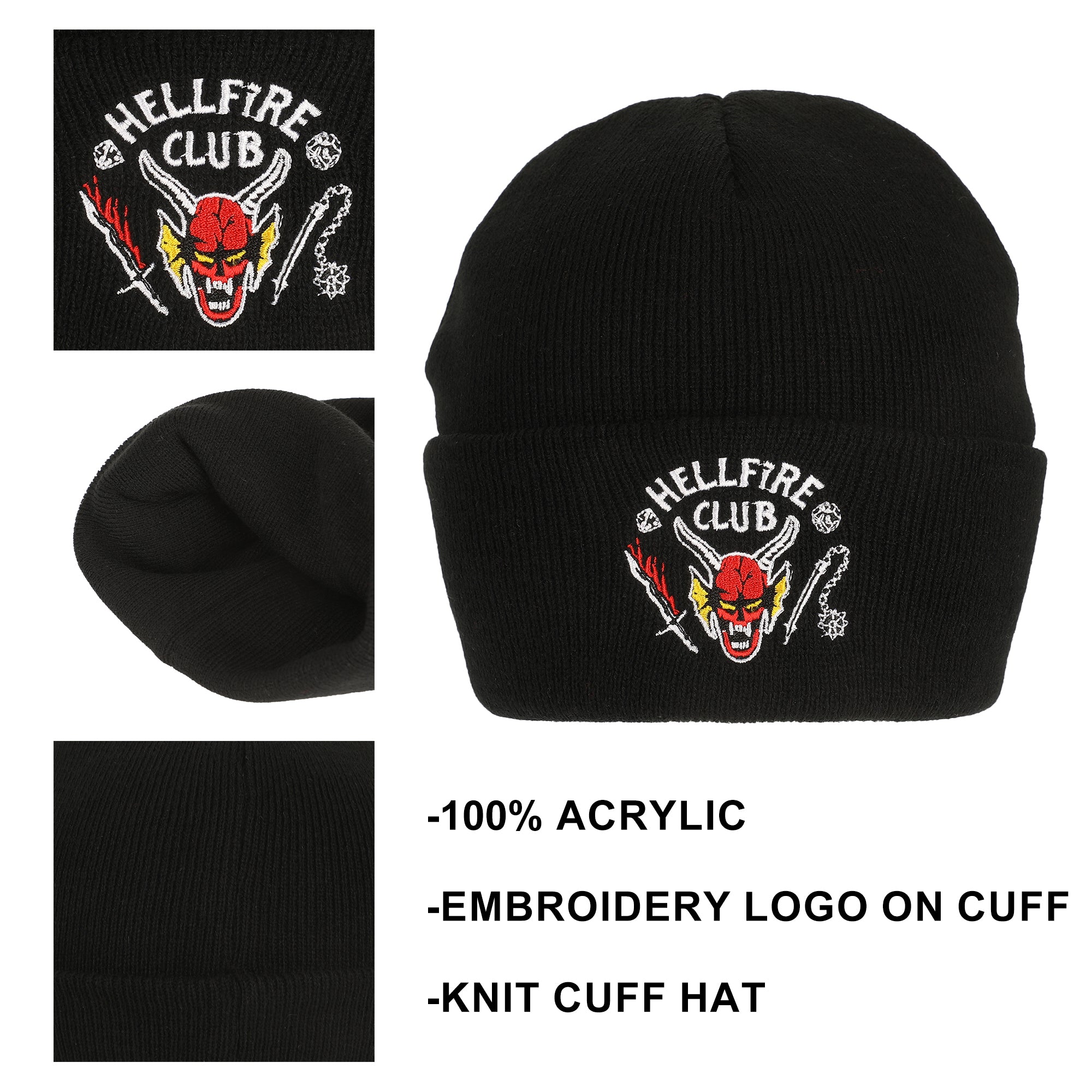 Stranger Things Hellfire Club Embroidery On Black Acrylic Knit Cuff Beanie