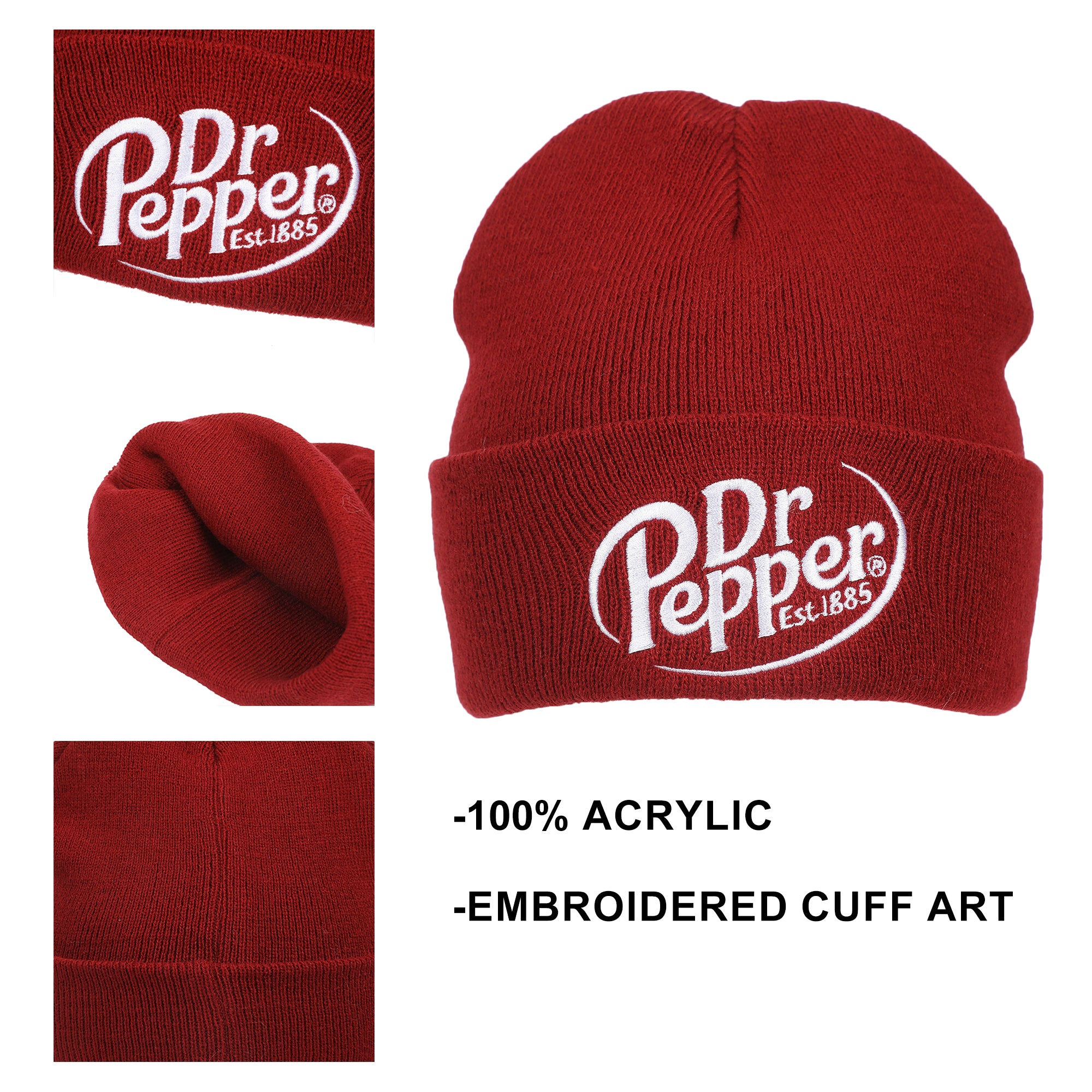 Dr Pepper Embroidery On Acrylic Knit Standard Cuff Beanie