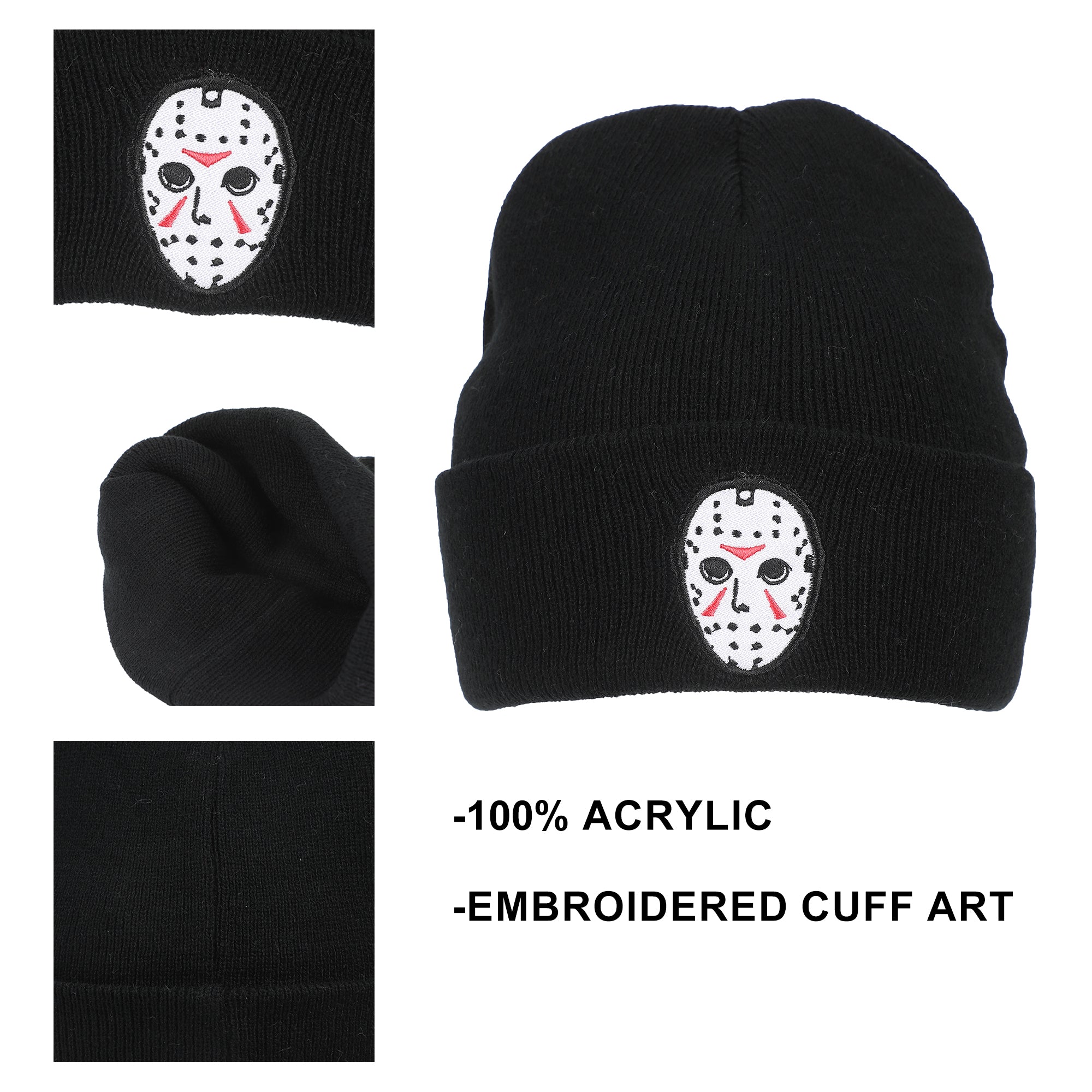 Friday The 13Th Jason Mask Embroidery On Acrylic Knit Standard Cuff Beanie