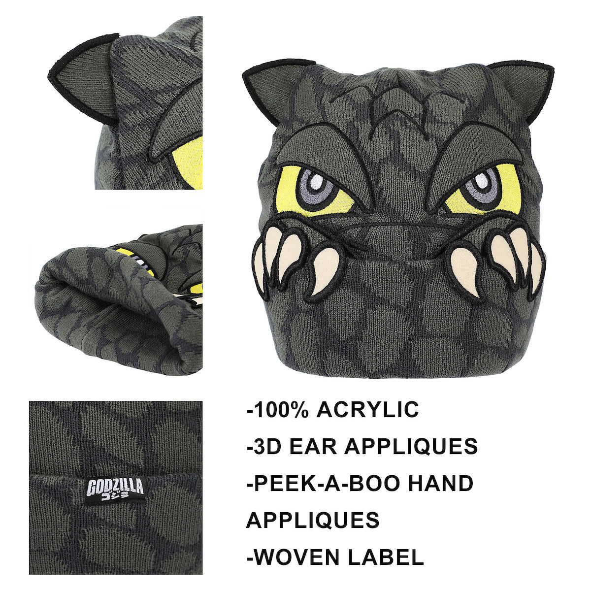 Godzilla Peekaboo Claws Gray Cuff Beanie