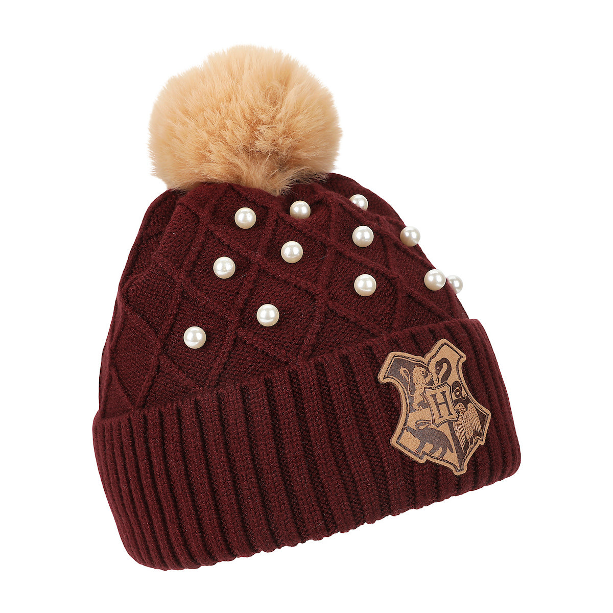 Harry Potter Hogwarts Crest & Pearl Appliques Maroon Cuff Beanie