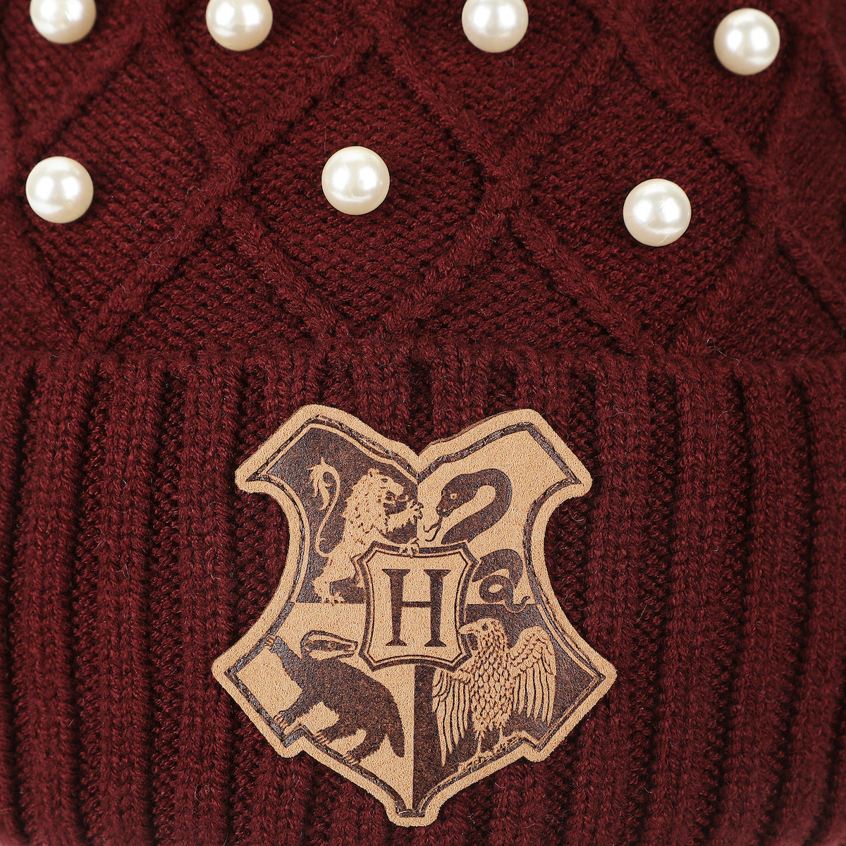 Harry Potter Hogwarts Crest & Pearl Appliques Maroon Cuff Beanie