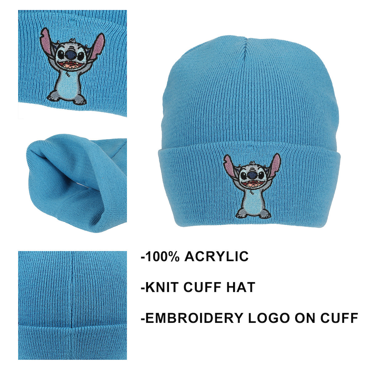 Lilo & Stitch Stitch Embroidery On Acrylic Knit Standard Cuff Beanie