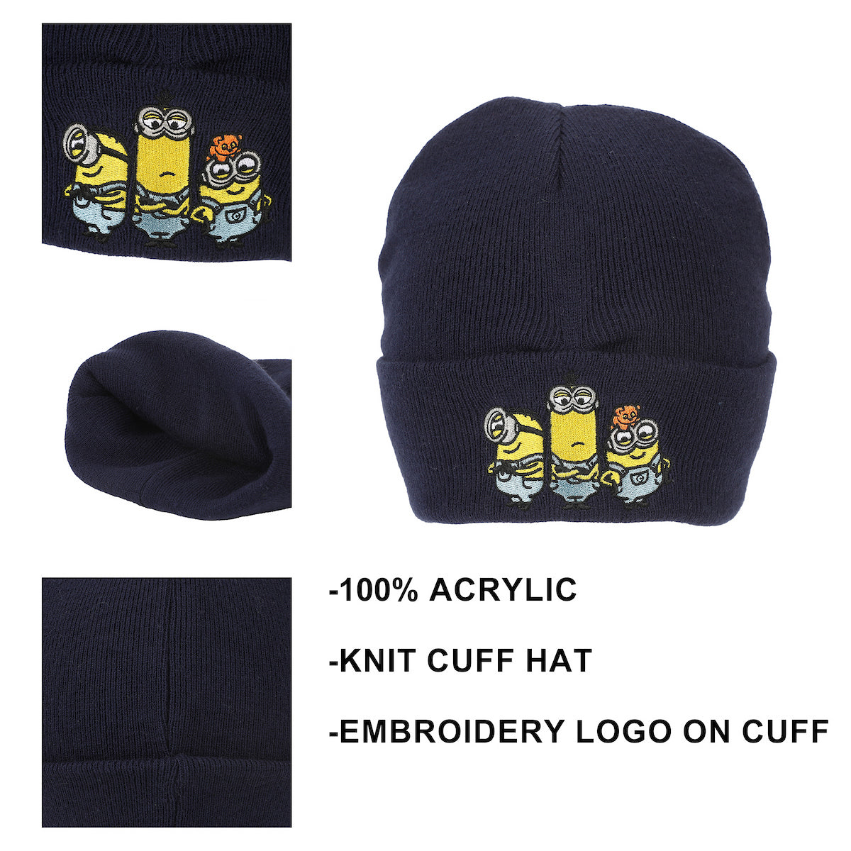 Minions Bob Kevin And Stuart Embroidery Acrylic Knit Standard Cuff Beanie