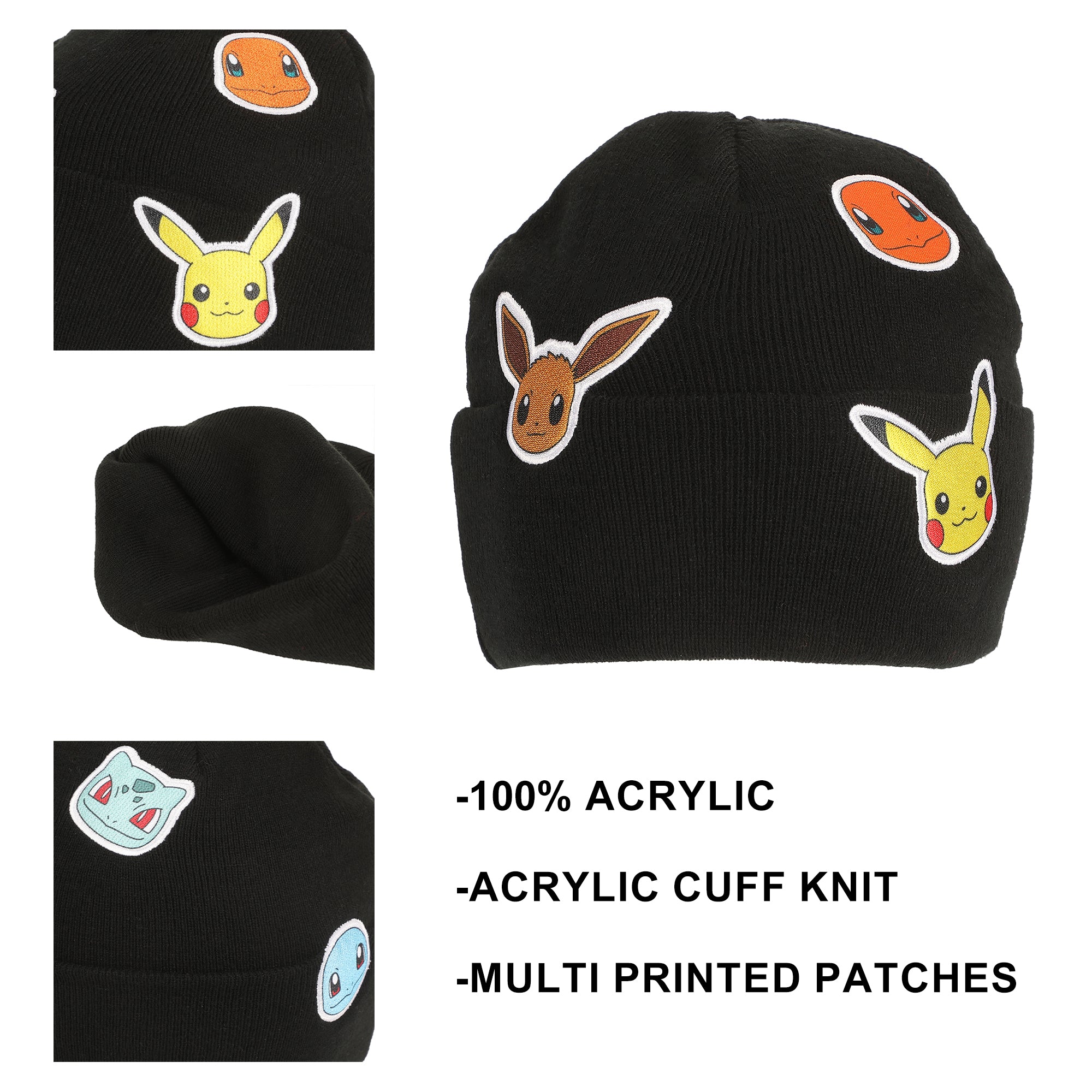 Pokémon Printed Character Patches Black Cuff Beanie