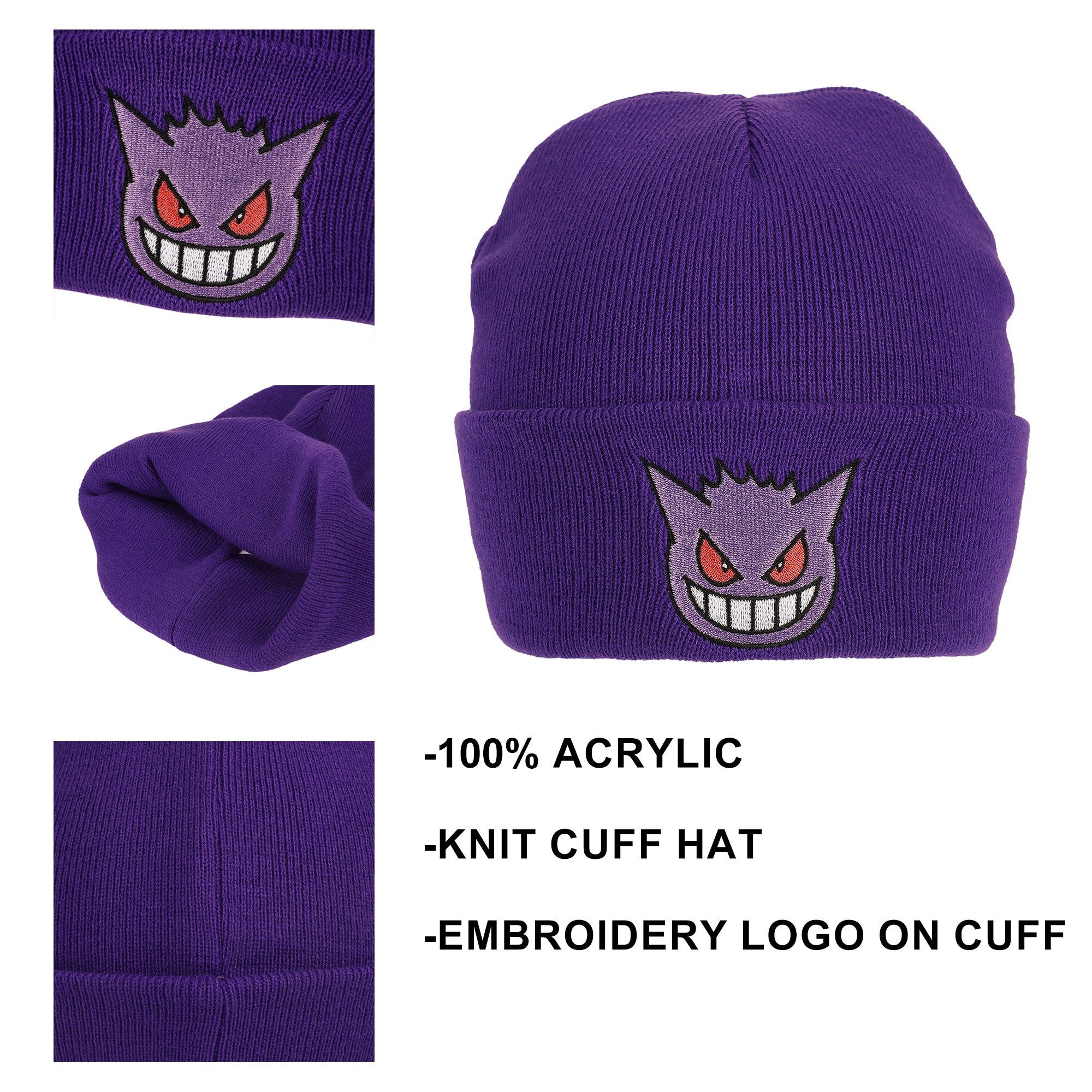 Pokemon Gengar Face Embroidery Acrylic Knit Standard Cuff Beanie