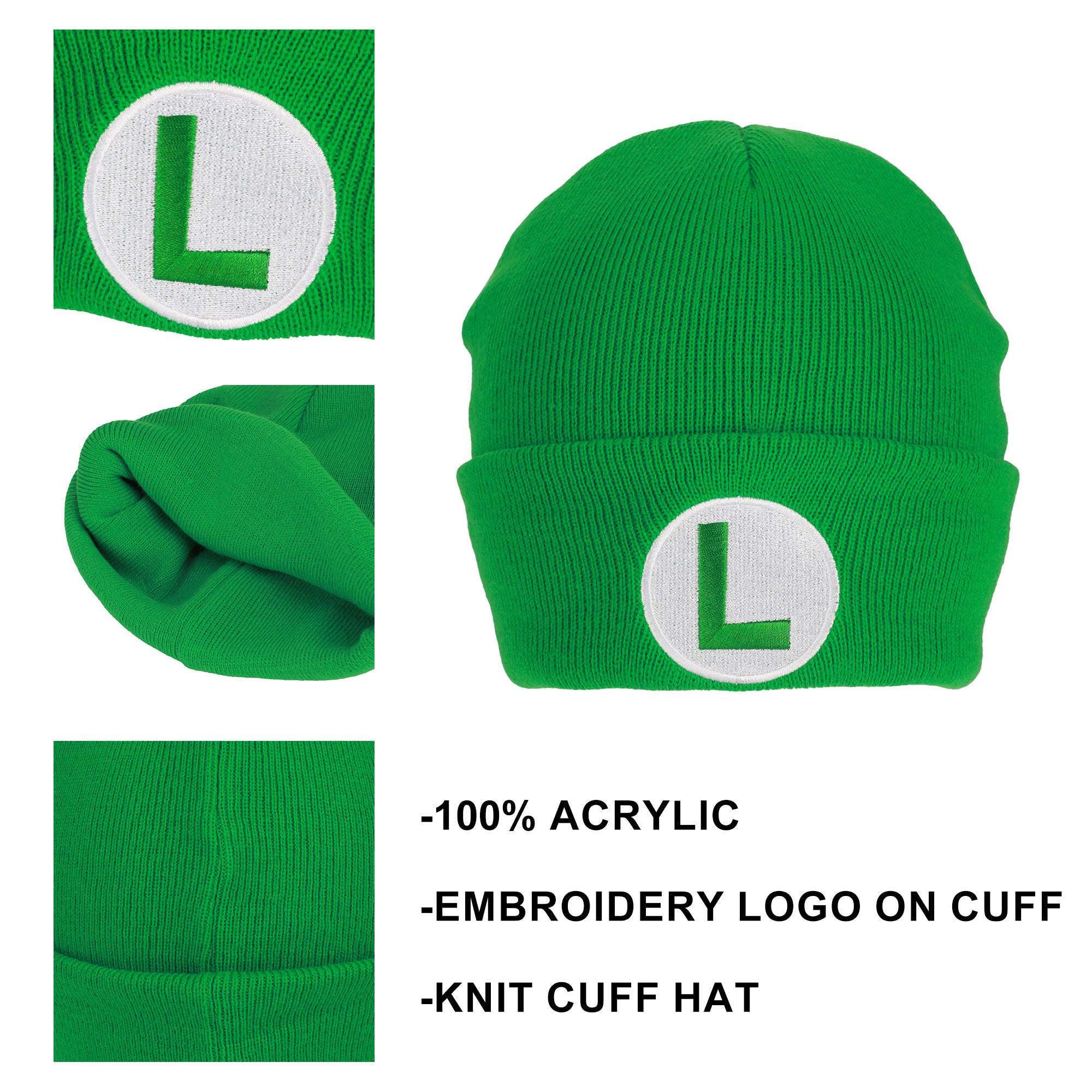 Super Mario Luigi Logo Embroidery Standard Cuff Acrylic Knit Beanie Cuff Beanie