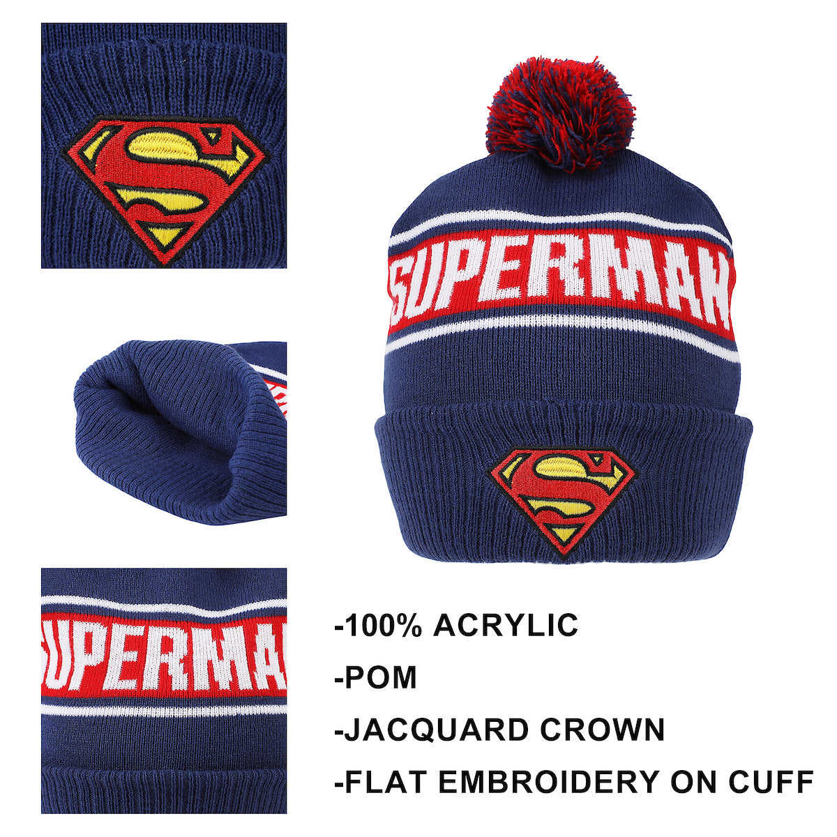 Superman Logo & Name Text Blue Cuff Beanie