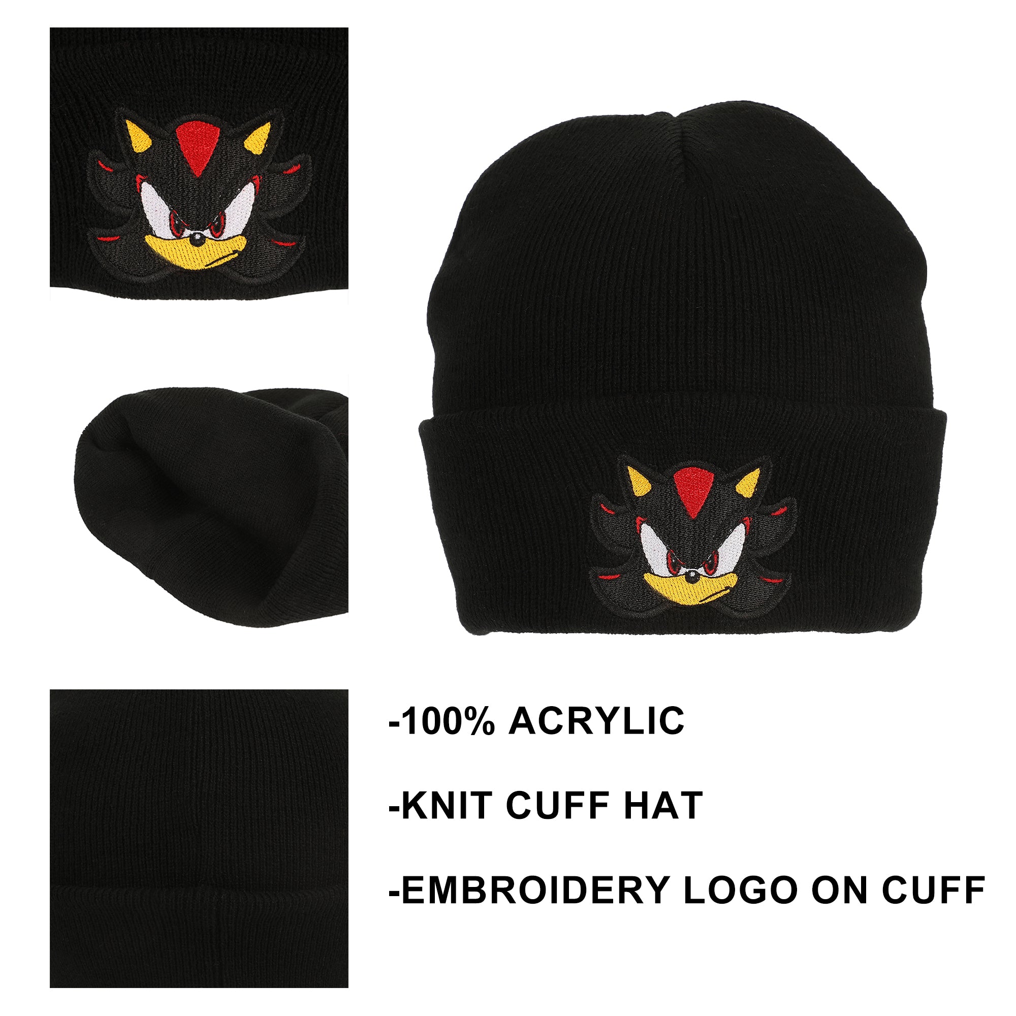 Sonic The Hedgehog Shadow Embroidery Acrylic Knit Standard Cuff Beanie