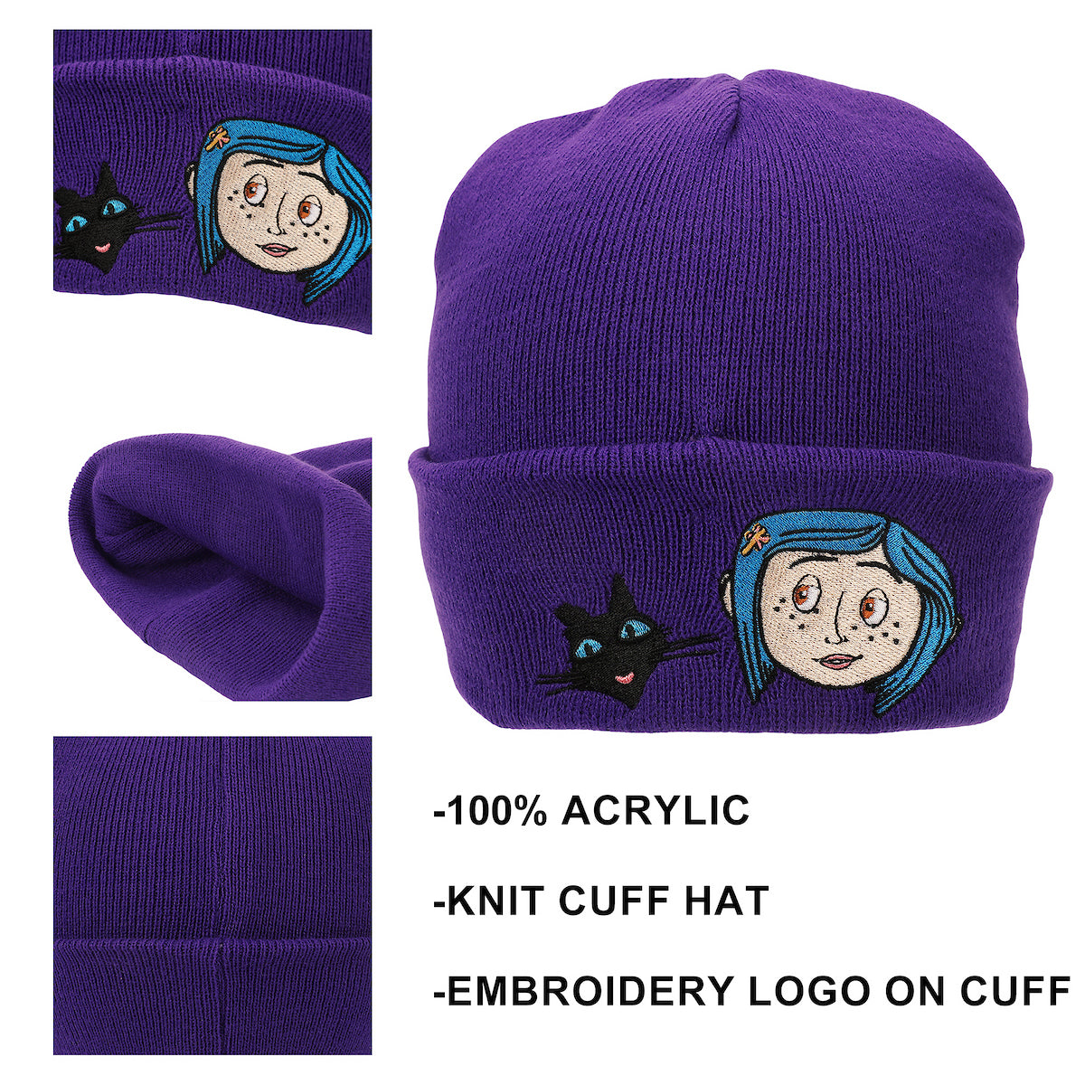 Coraline & Black Cat Character Art Purple Cuff Beanie