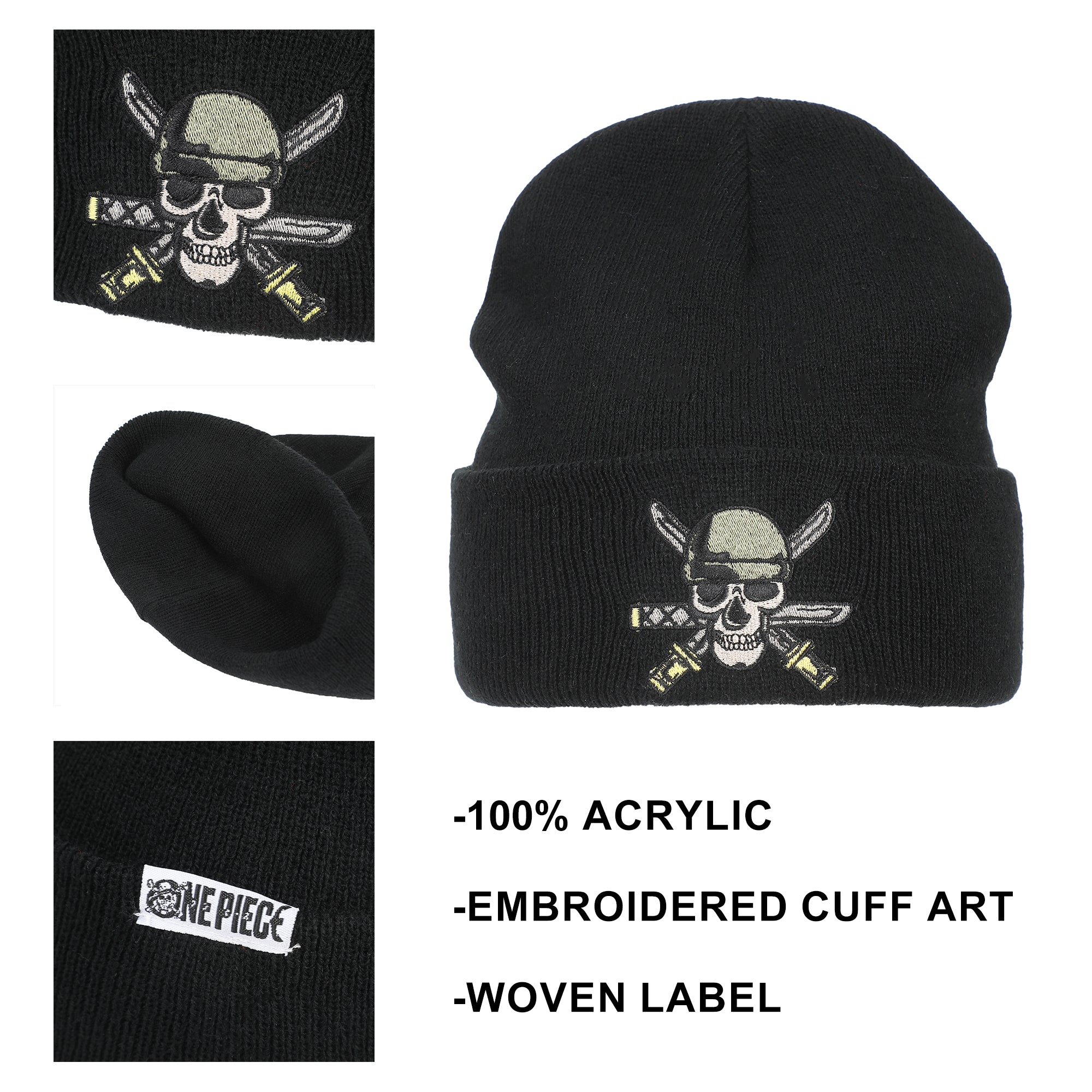 One Piece (Animated)  Zoro Jolly Roger And Woven Label Acrylic Knit Standard Cuff Beanie