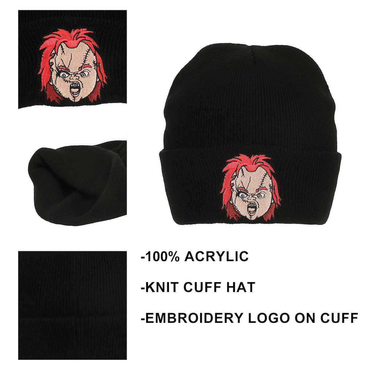 Chucky Embroidery Black Acrylic Knit Standard Cuff Beanie