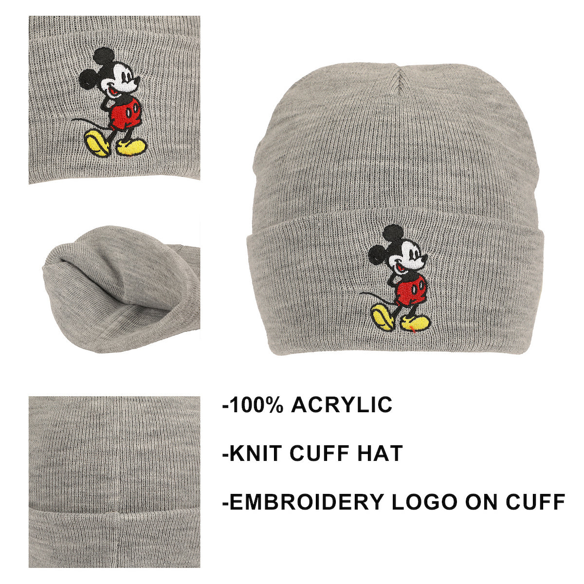 Mickey Mouse Mickey Embroidery Heather Gray Acrylic Knit Standard Cuff Beanie