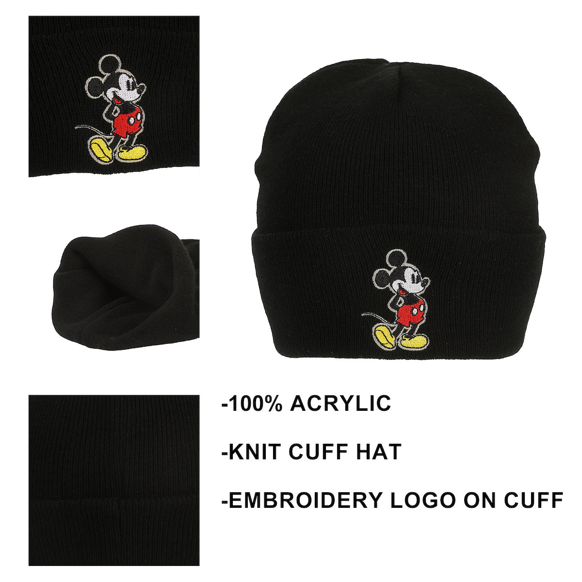 Mickey Mouse Mickey Embroidery Black Acrylic Knit Standard Cuff Beanie