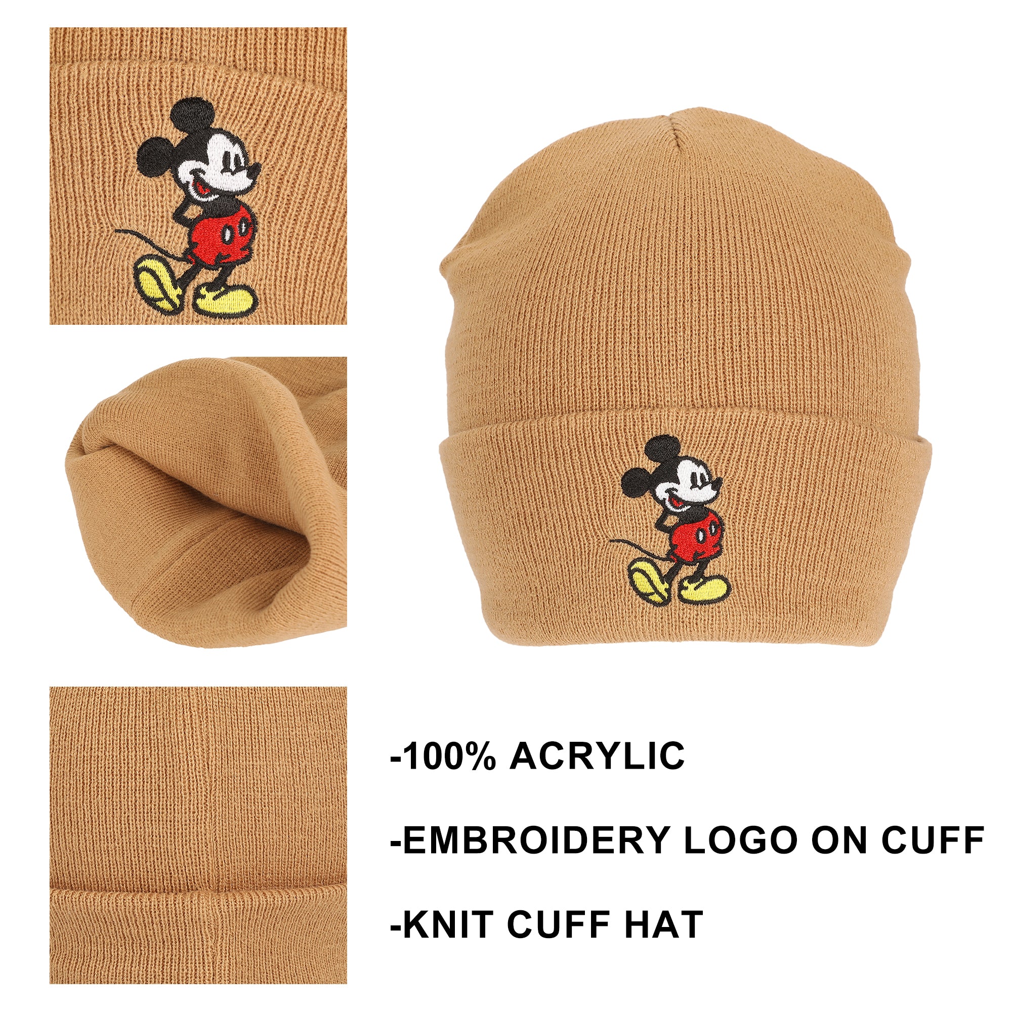 Mickey Mouse Mickey Embroidery Brown Acrylic Knit Standard Cuff Beanie