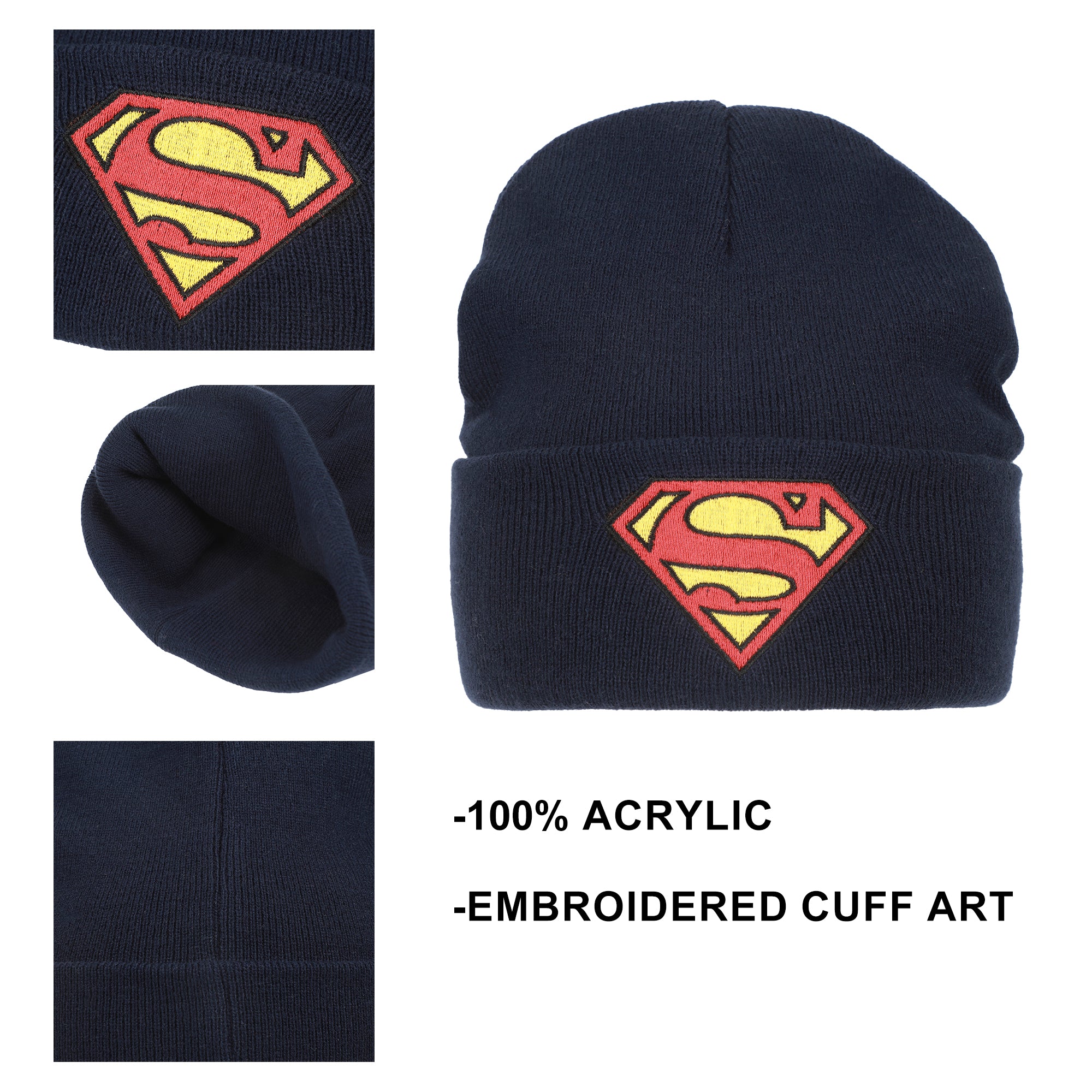 Superman Logo Embroidery Navy Acrylic Knit Standard Cuff Beanie