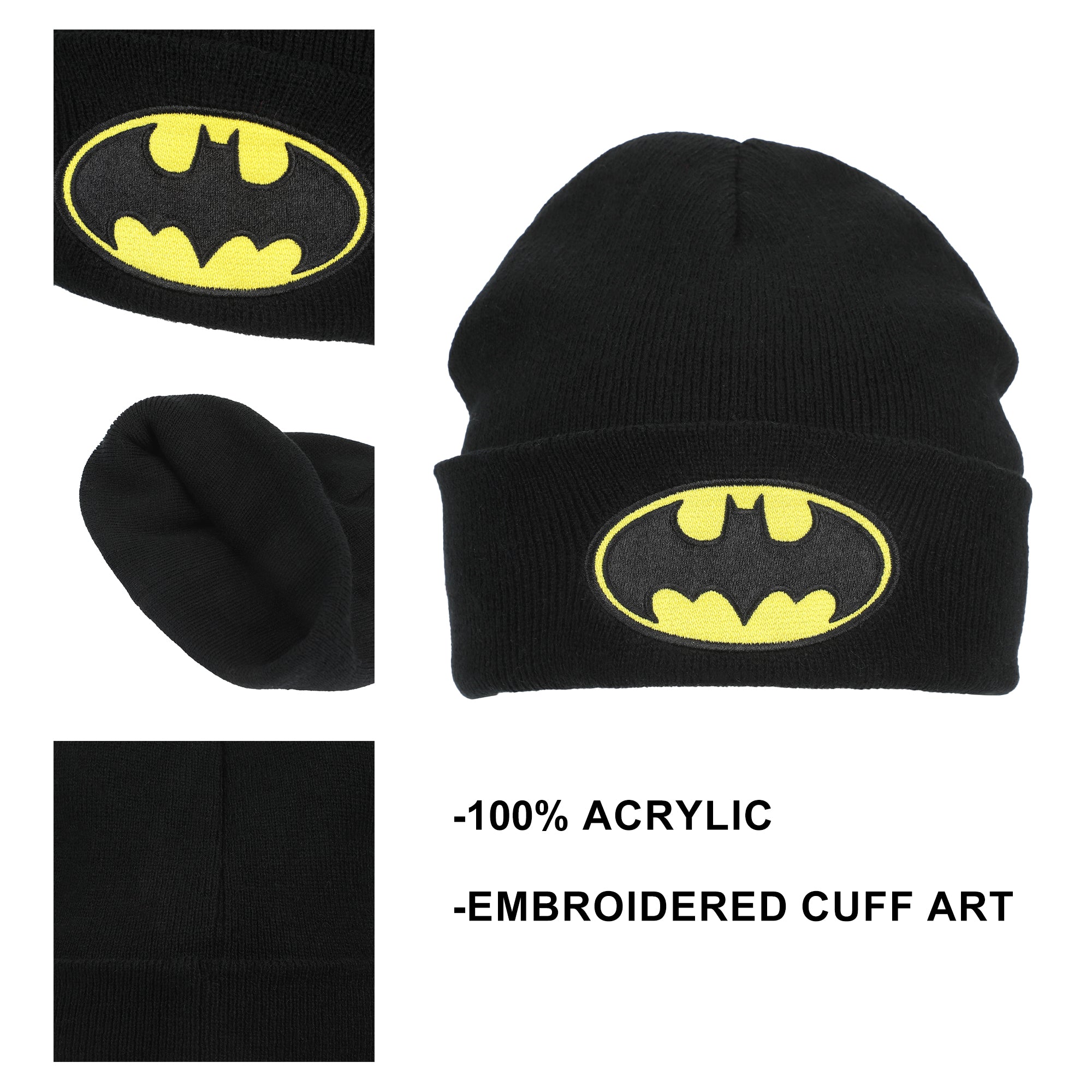Batman Logo Embroidery Black Acrylic Knit Standard Cuff Beanie