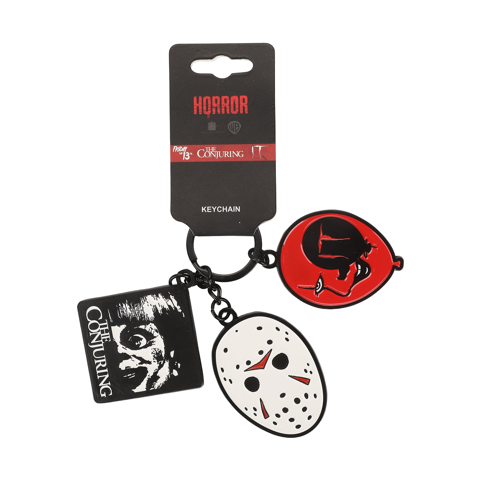 WB Horror Movies Keychain with 3 Charms, The Conjuring Annabelle It Pennywise Friday the 13th Jason, Zinc Alloy & Enamel Key Ring, Officially Licensed