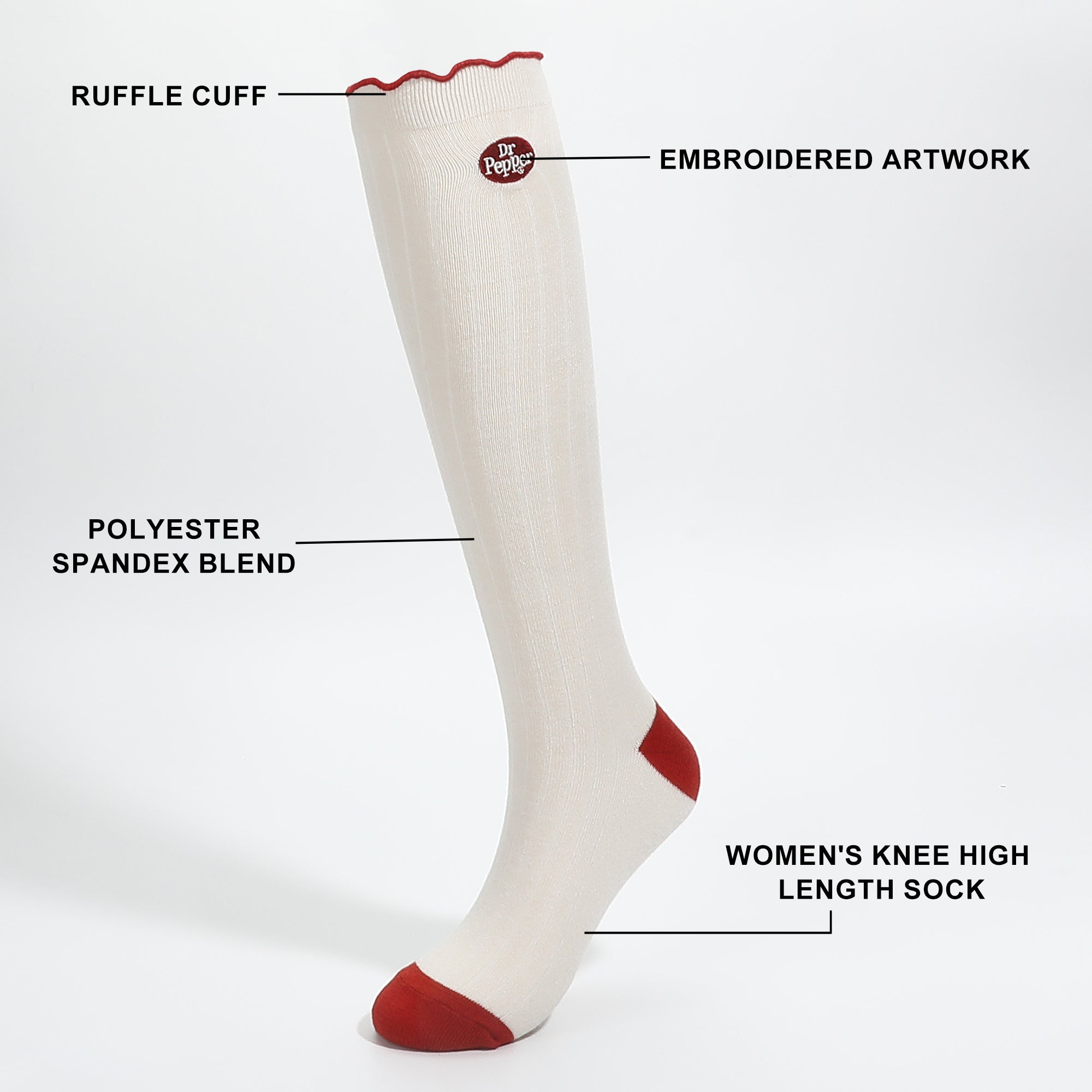 Dr Pepper Embroidered Logo Knee High Sock with Lettuce Edge Cuffs