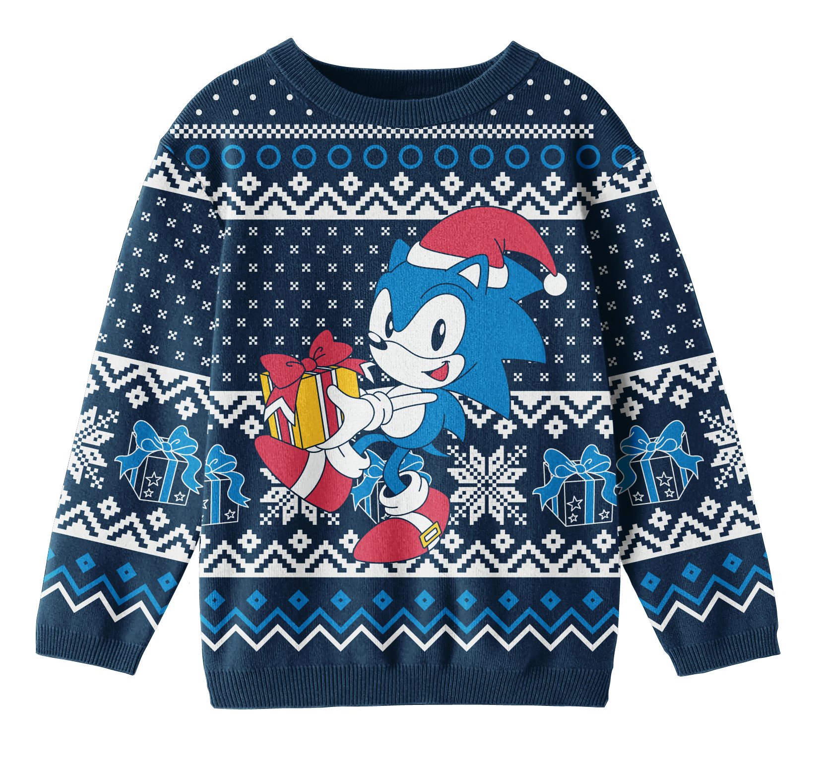 Sonic The Hedgehog Holiday Presents & Snowflakes Crew Neck Long Sleeve Boy's Navy Sweater