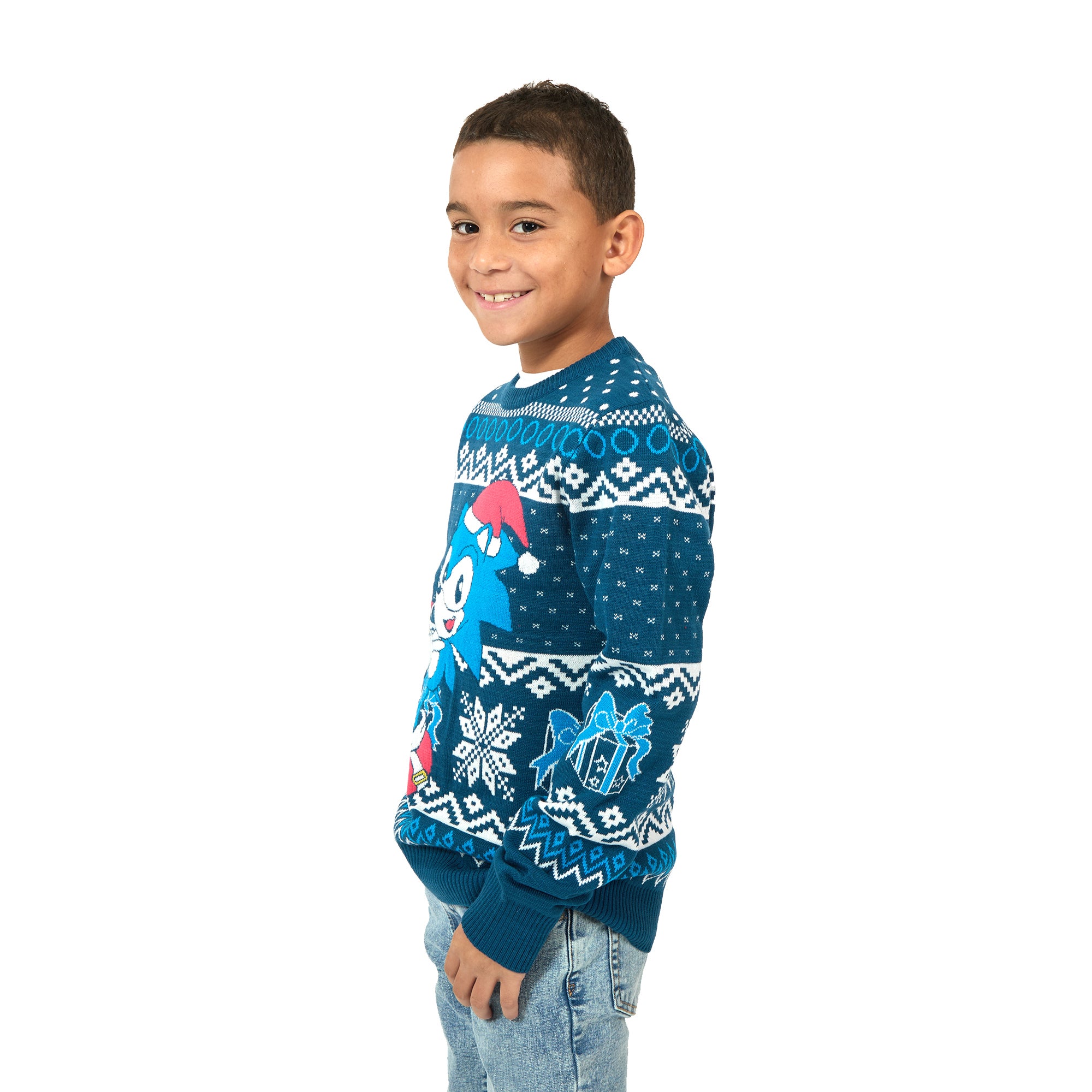 Sonic The Hedgehog Holiday Presents & Snowflakes Crew Neck Long Sleeve Boy's Navy Sweater