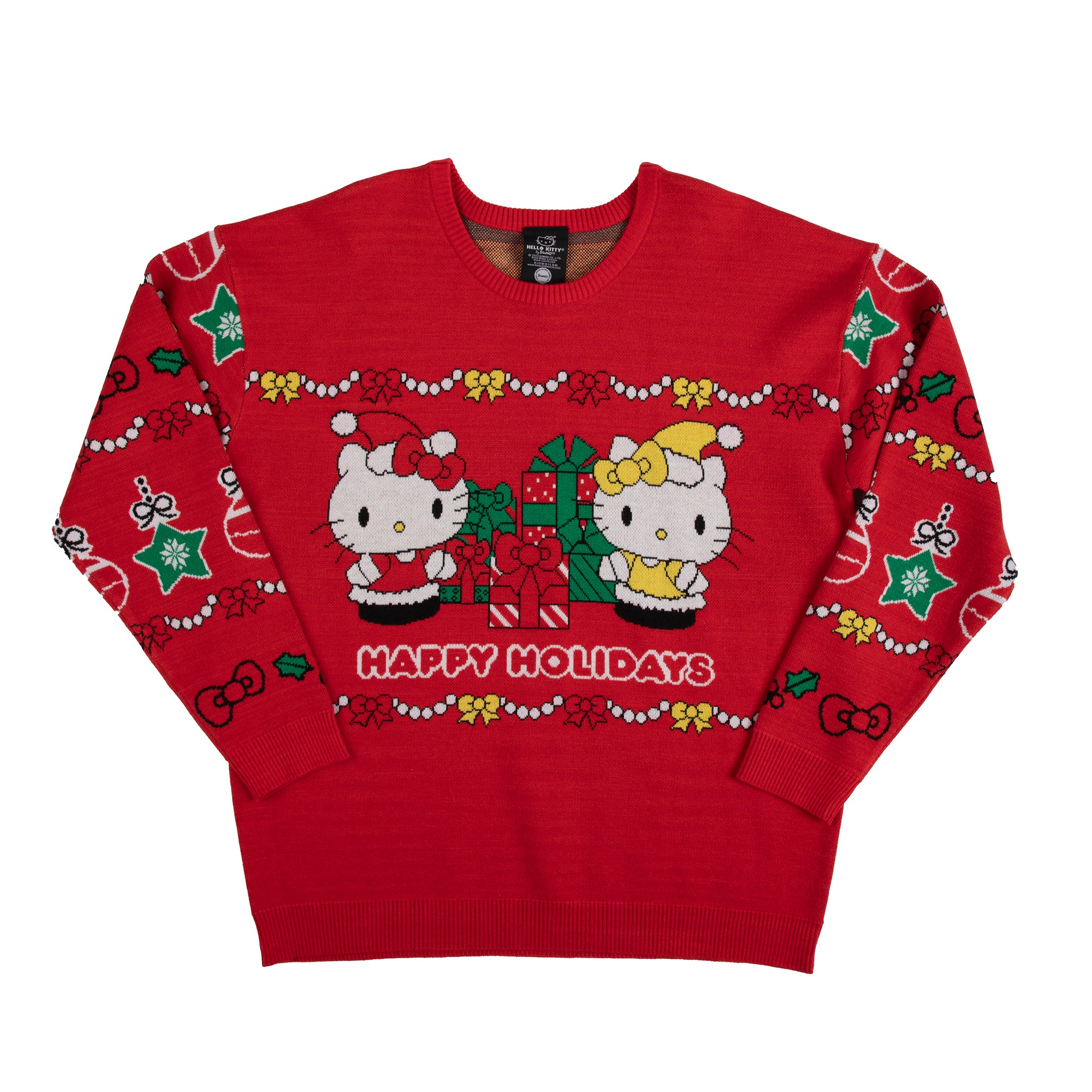 Hello Kitty & Mimmy Happy Holidays Women's Red Crew Neck Long Sleeve Oversized Sweater