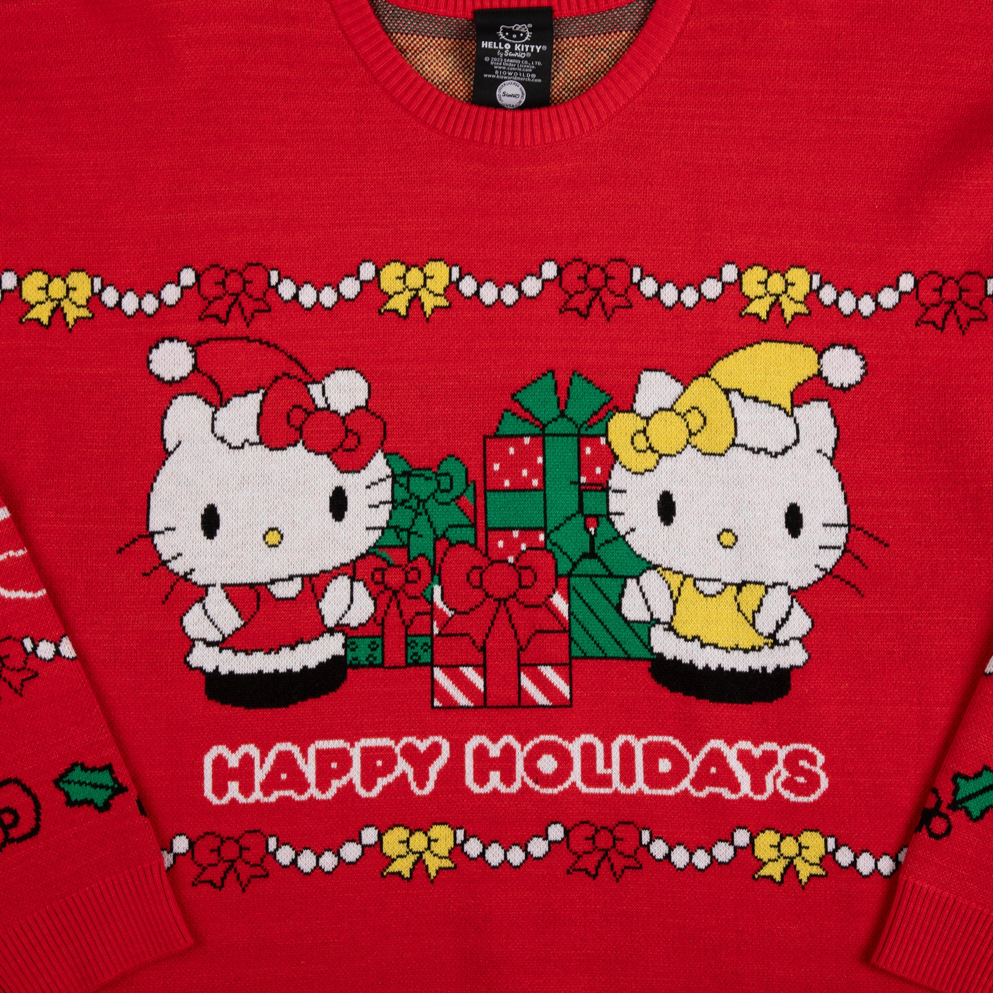 Hello Kitty & Mimmy Happy Holidays Women's Red Crew Neck Long Sleeve Oversized Sweater