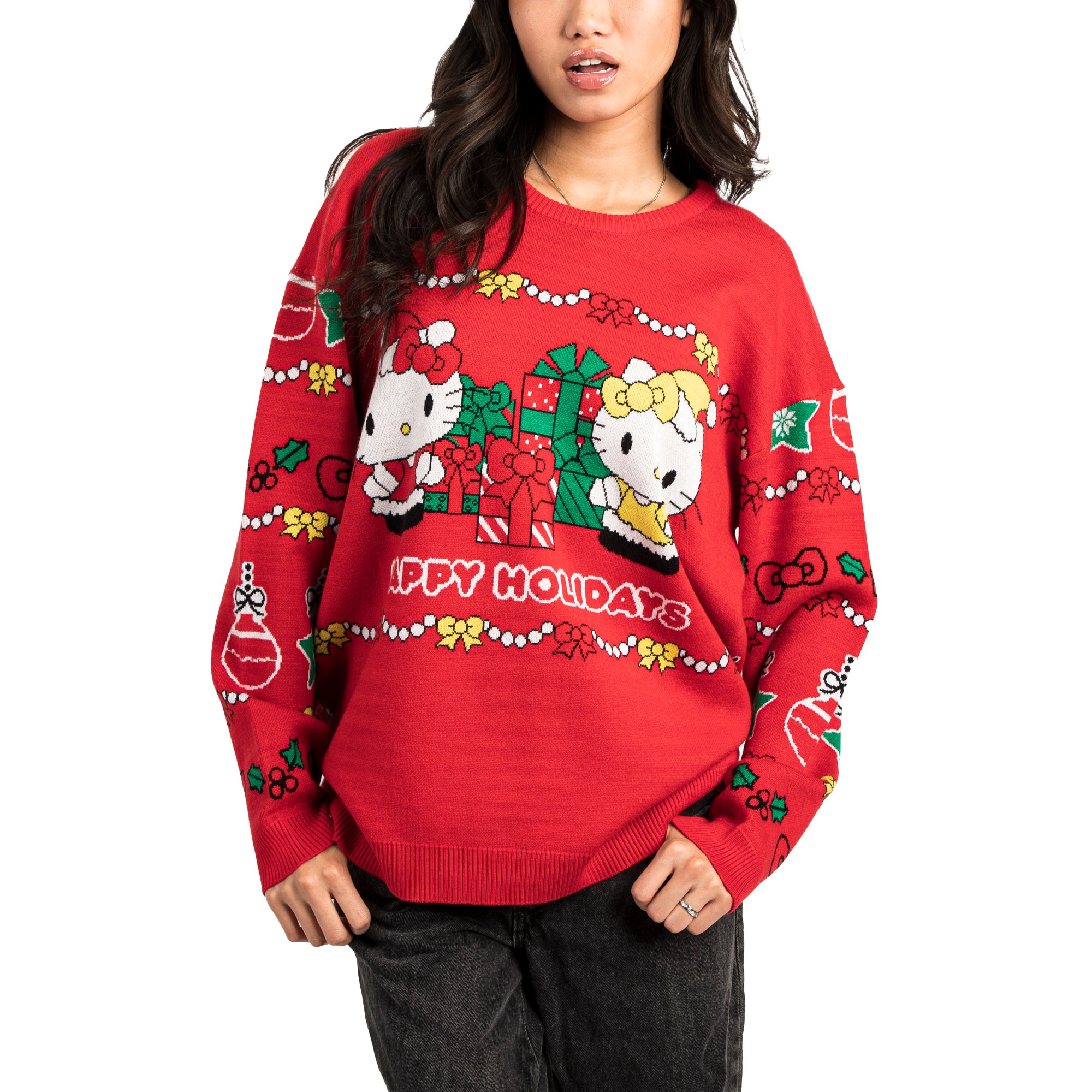 Hello Kitty & Mimmy Happy Holidays Women's Red Crew Neck Long Sleeve Oversized Sweater