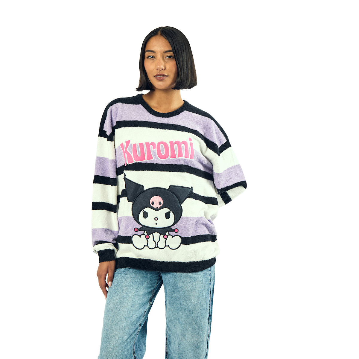 Kuromi Character Sitting Women's Purple & White Eyelash Sweater