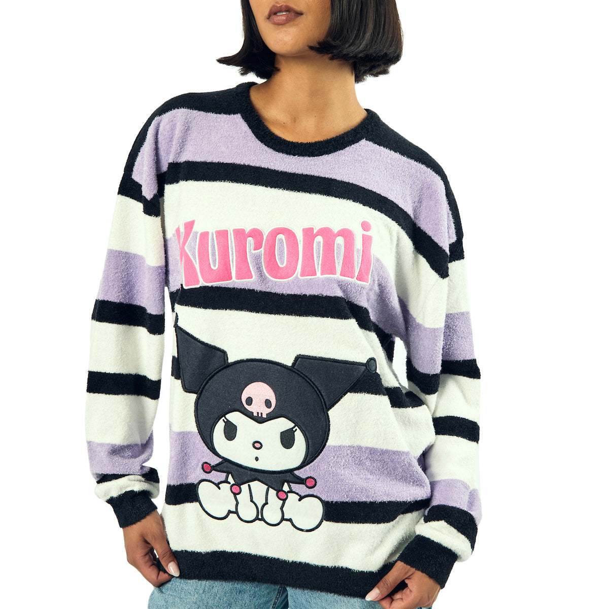 Kuromi Character Sitting Women's Purple & White Eyelash Sweater